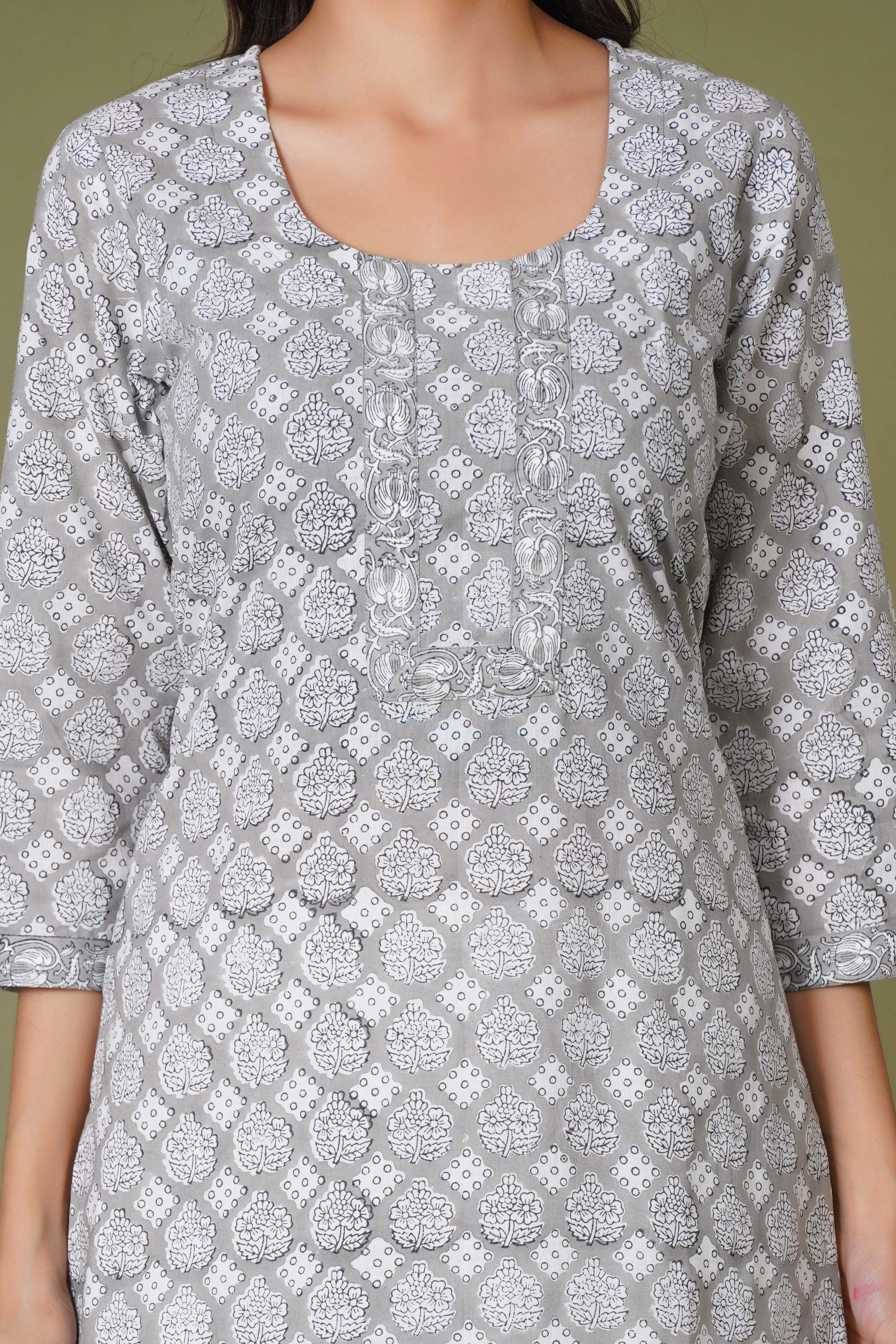 Grey Floral Handblock Printed Straight Kurta for Women – Soft Cotton Ethnic Wear