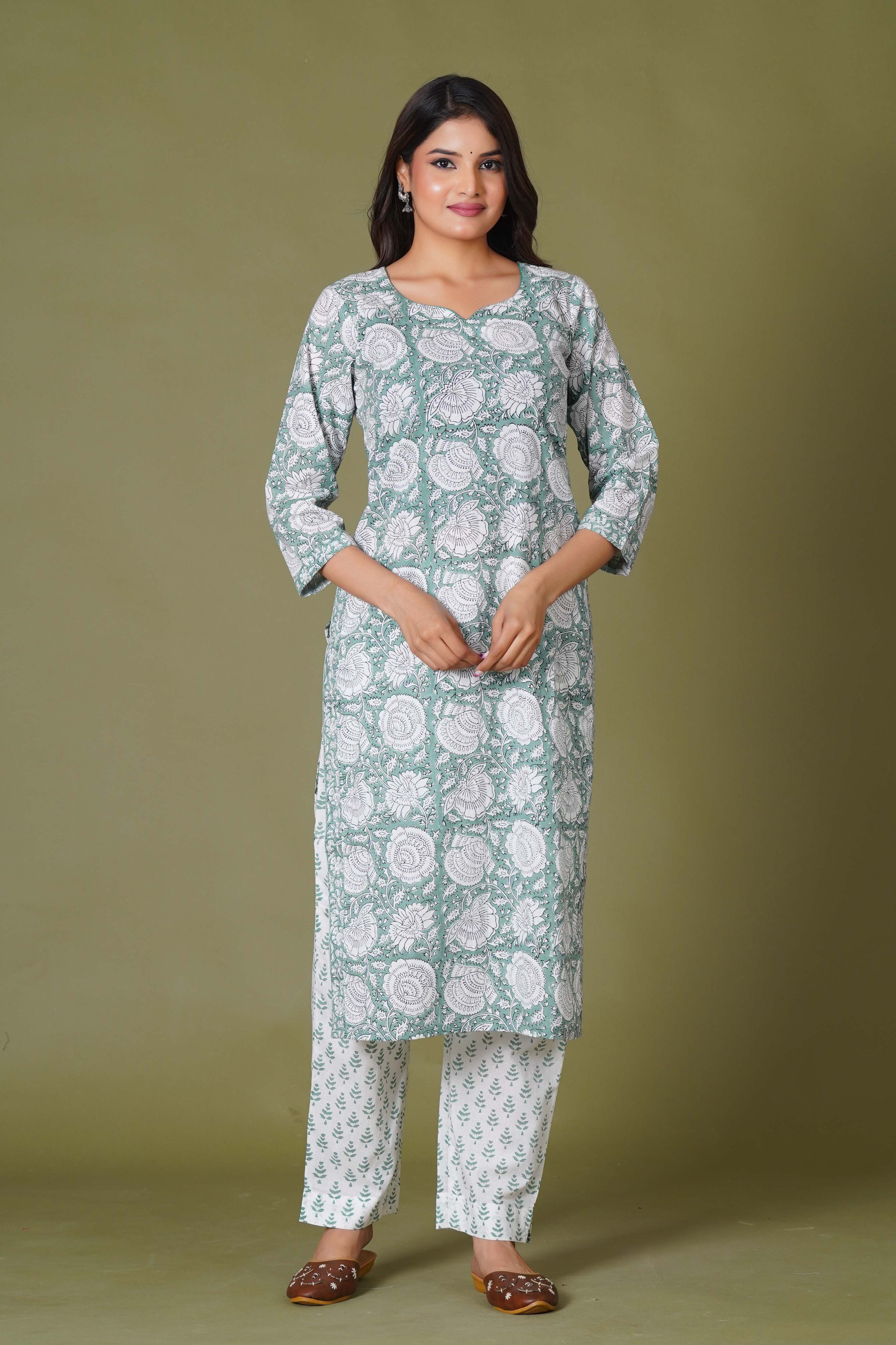 Verdant Classic Handblock Floral Cotton Suit Set