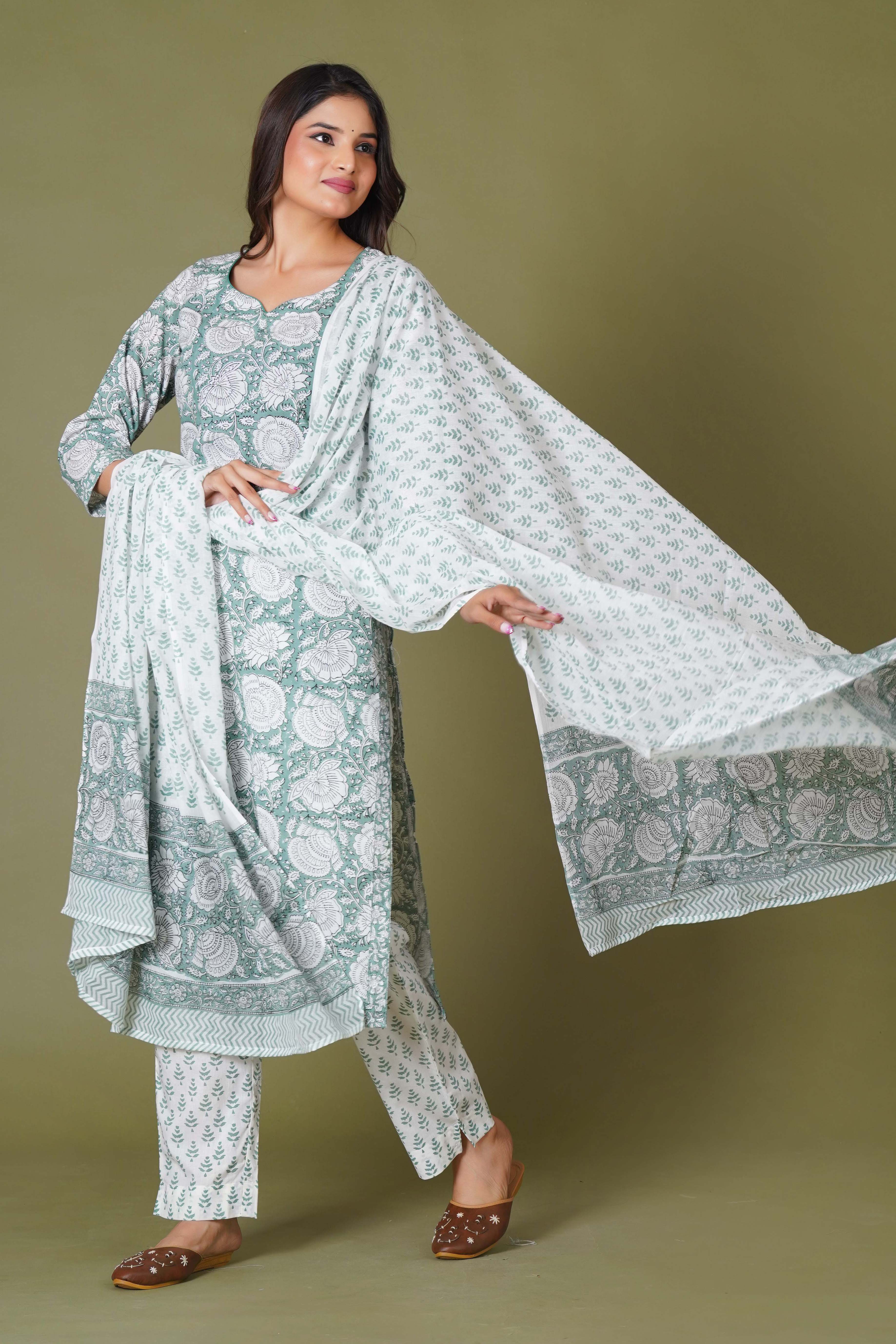 Verdant Classic Handblock Floral Cotton Suit Set