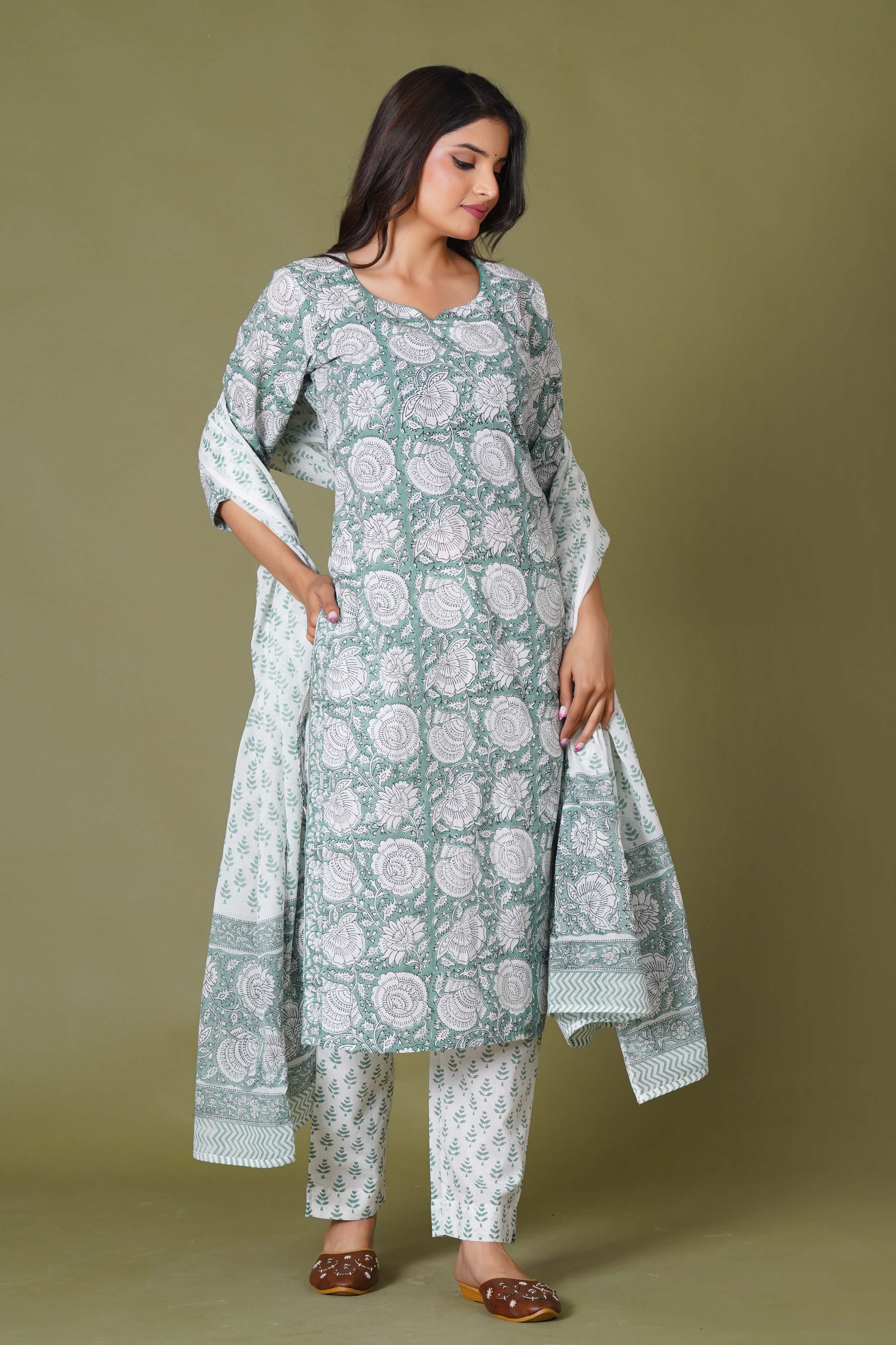 Verdant Classic Handblock Floral Cotton Suit Set