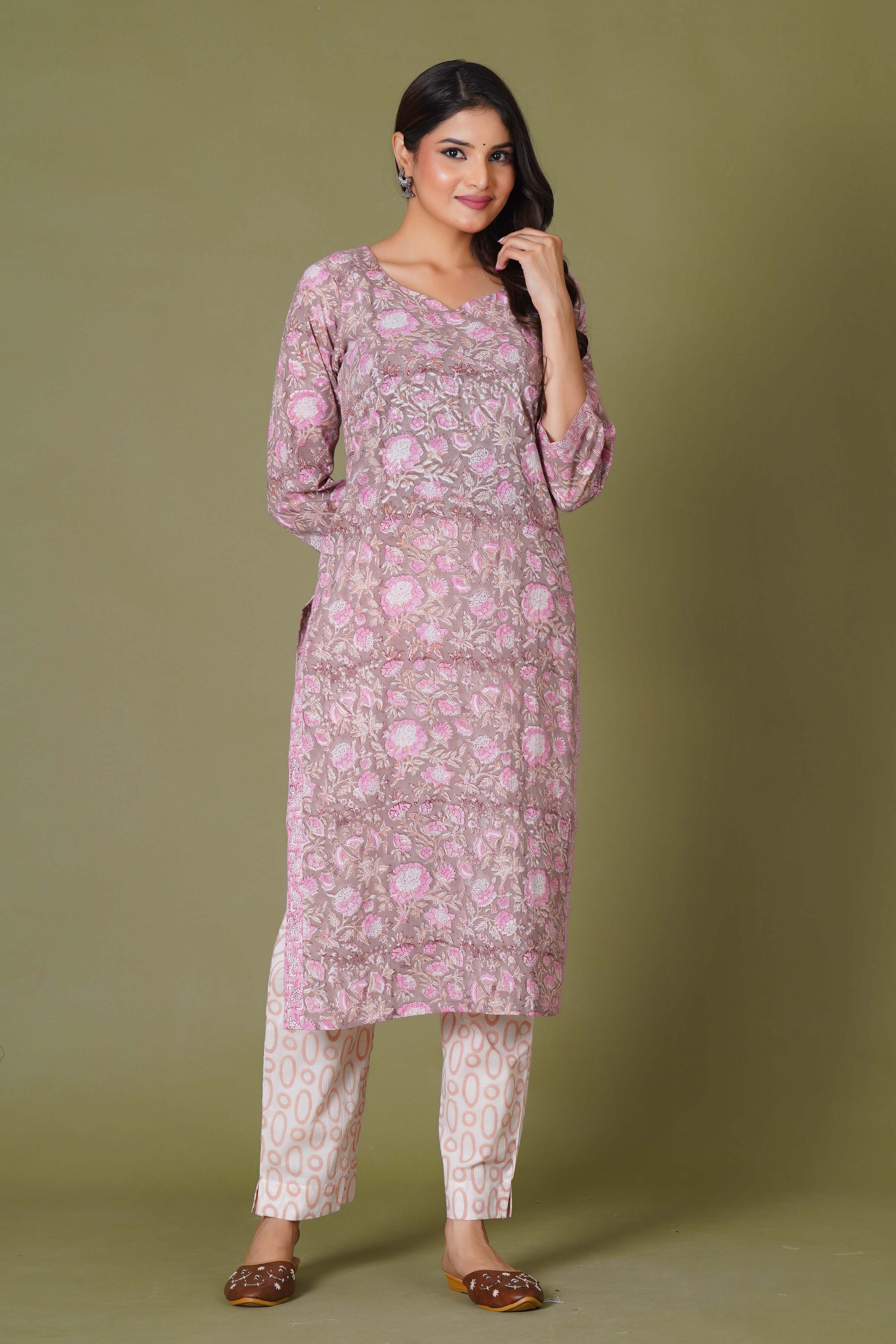 Blush Aura Handblock Floral Cotton Suit Set