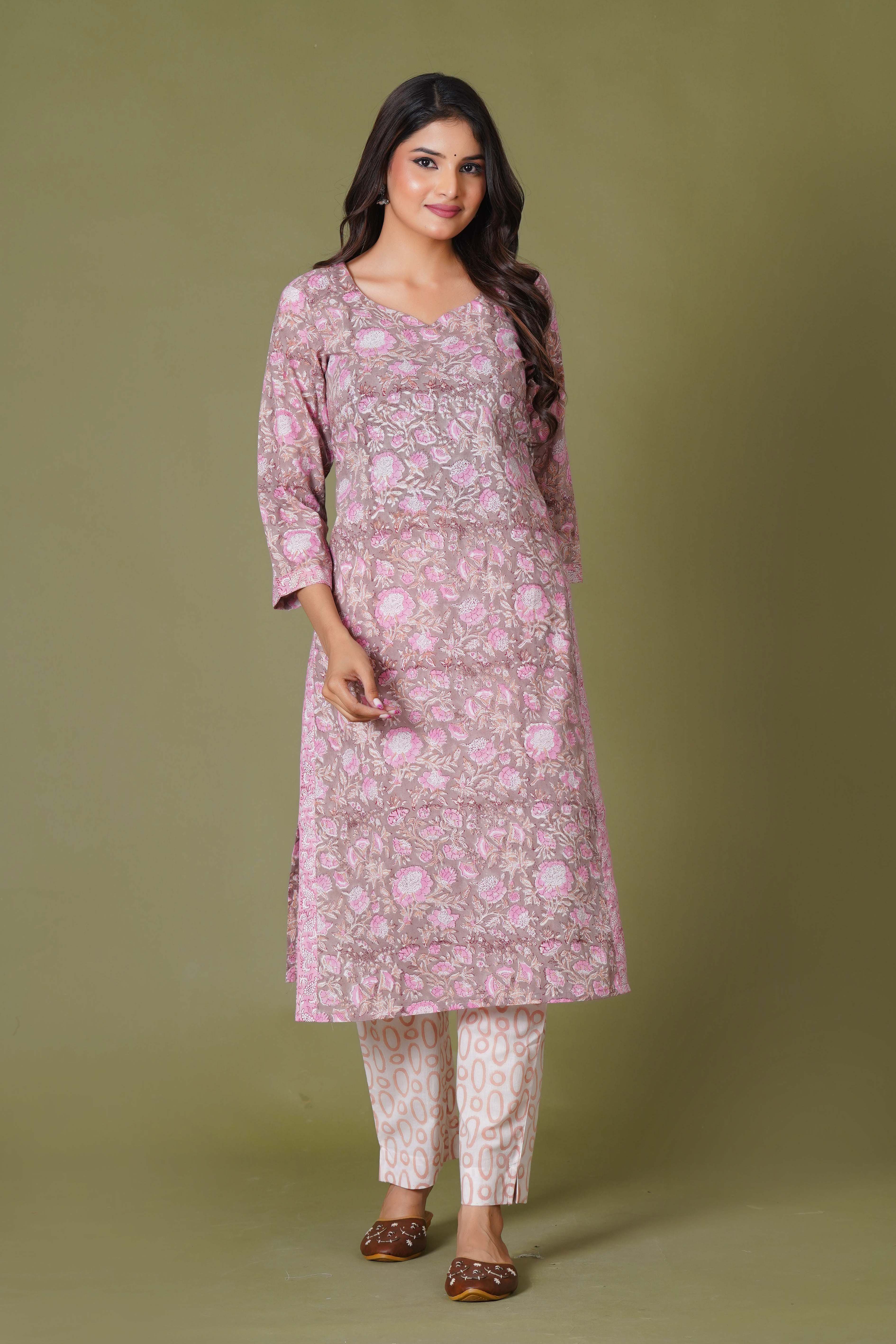 Blush Aura Handblock Floral Cotton Suit Set