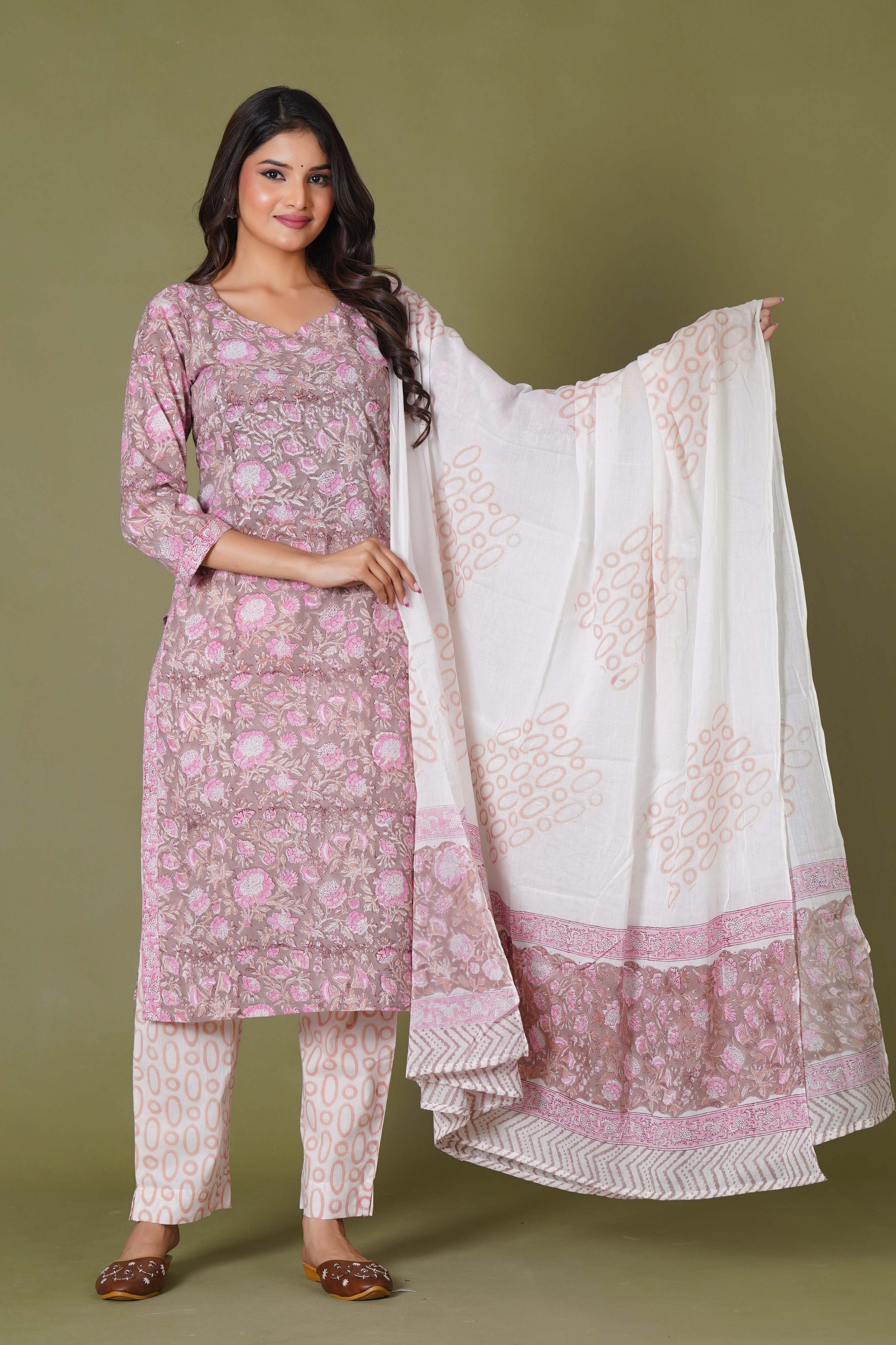 Blush Aura Handblock Floral Cotton Suit Set