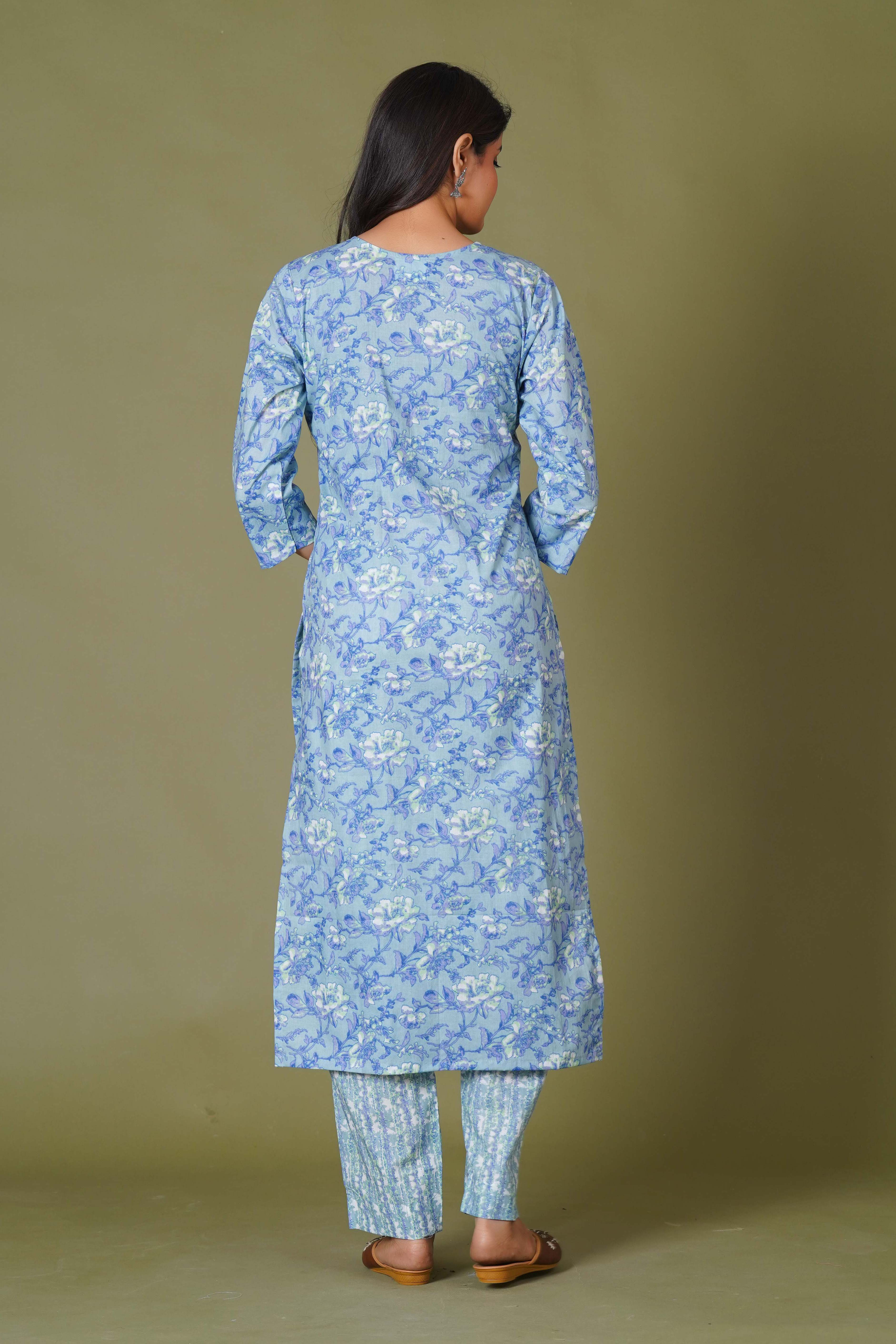 Blue Symphony Handblock Print Cotton Suit Set