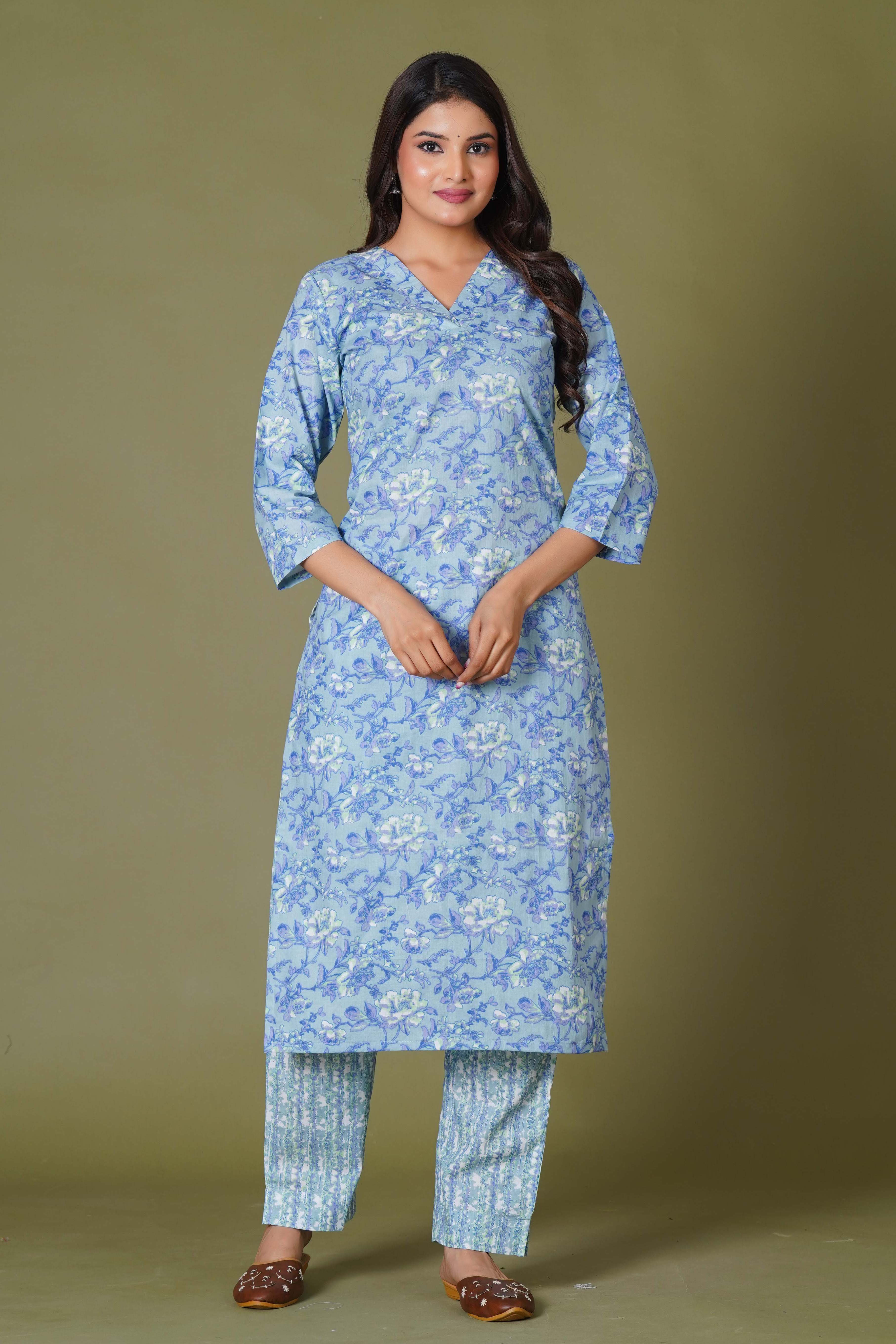 Blue Symphony Handblock Print Cotton Suit Set