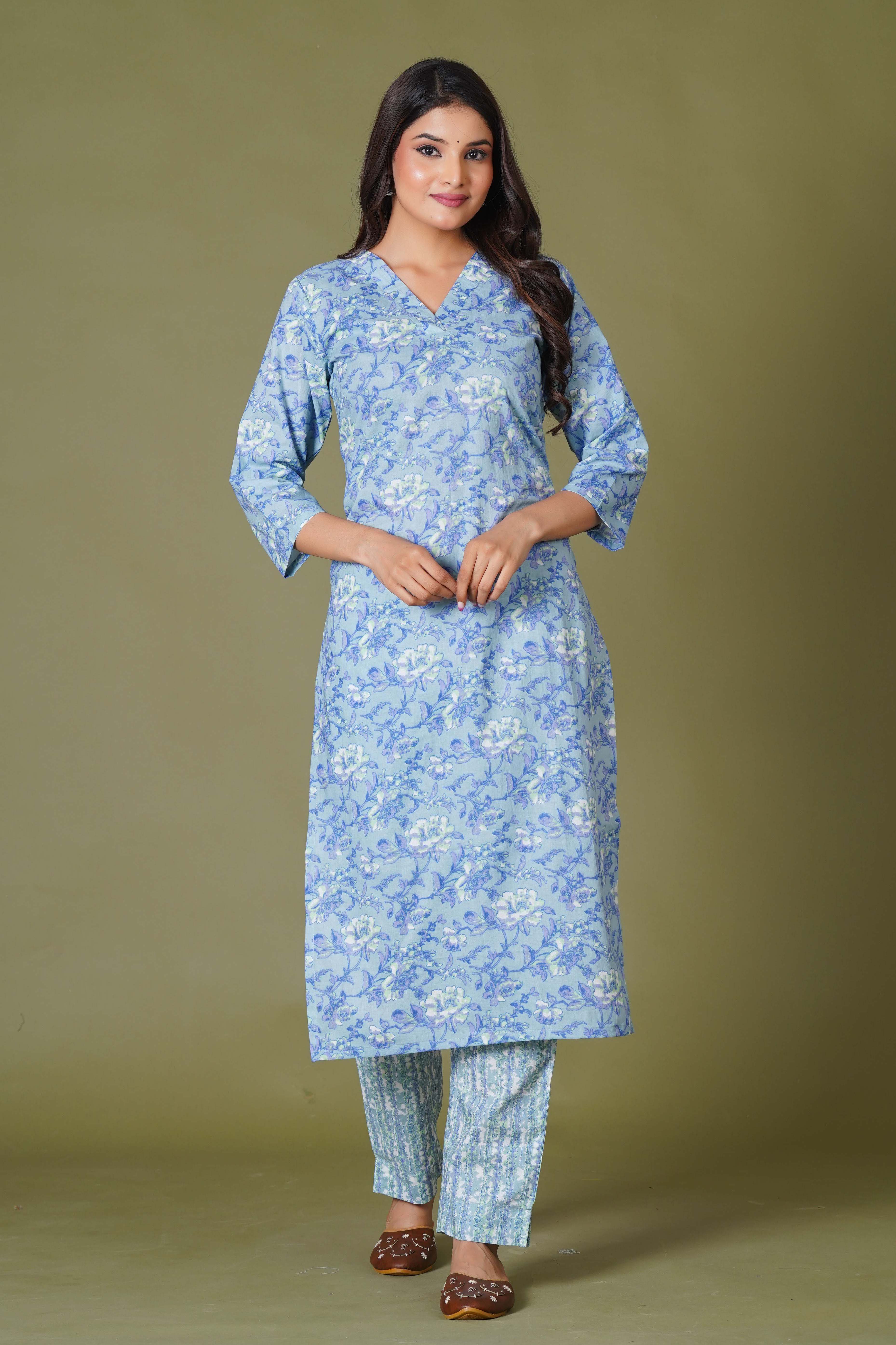 Blue Symphony Handblock Print Cotton Suit Set