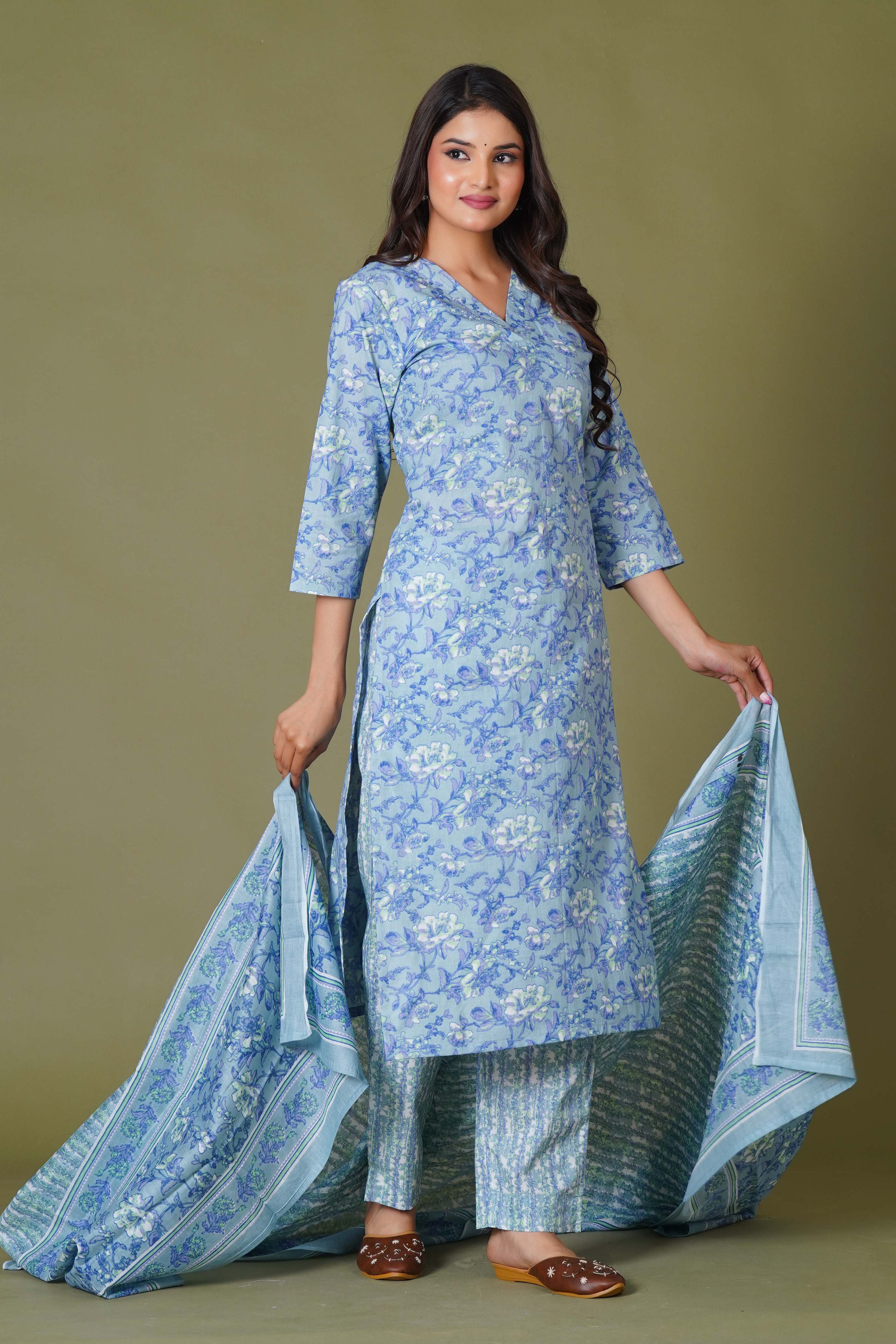 Blue Symphony Handblock Print Cotton Suit Set