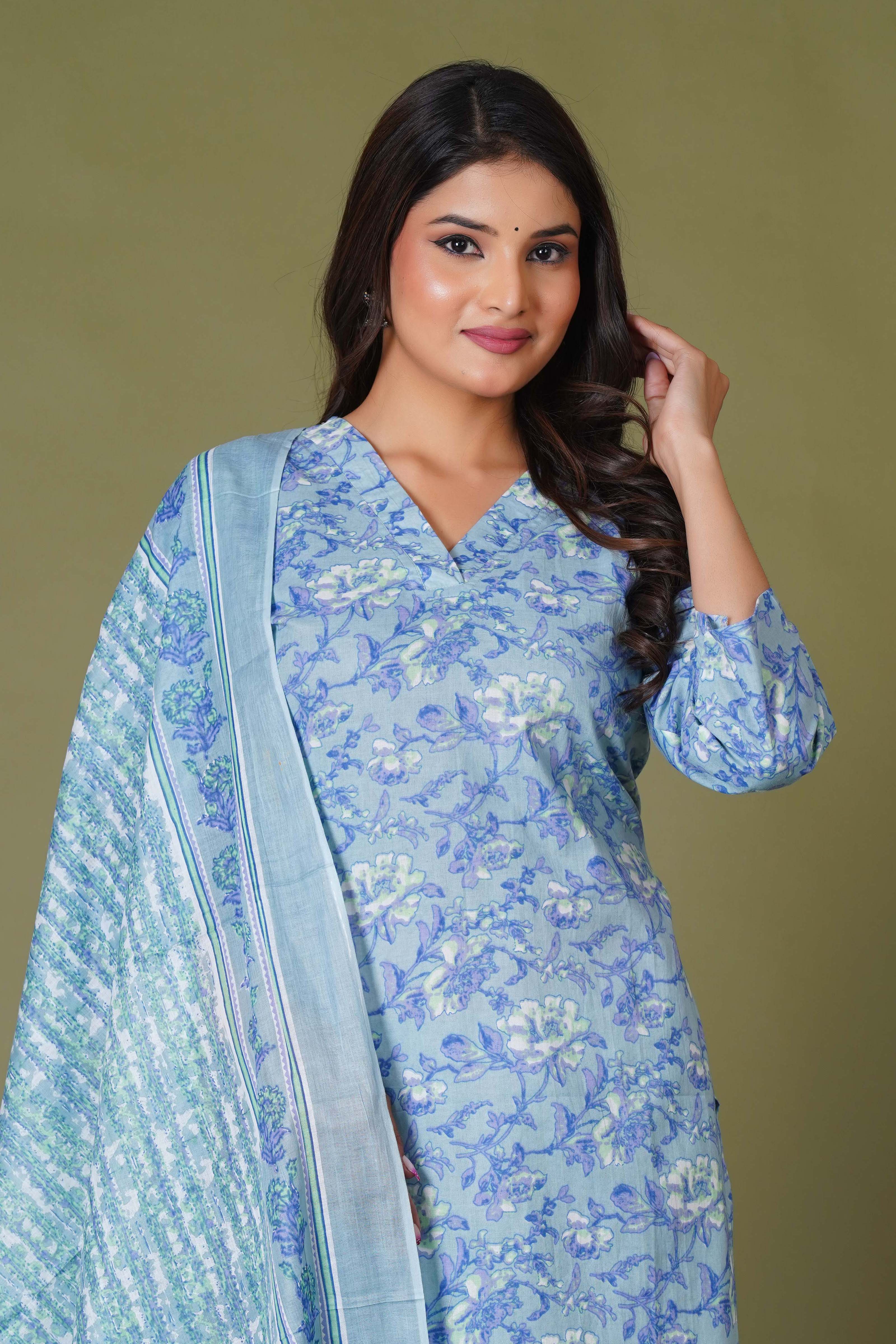 Blue Symphony Handblock Print Cotton Suit Set