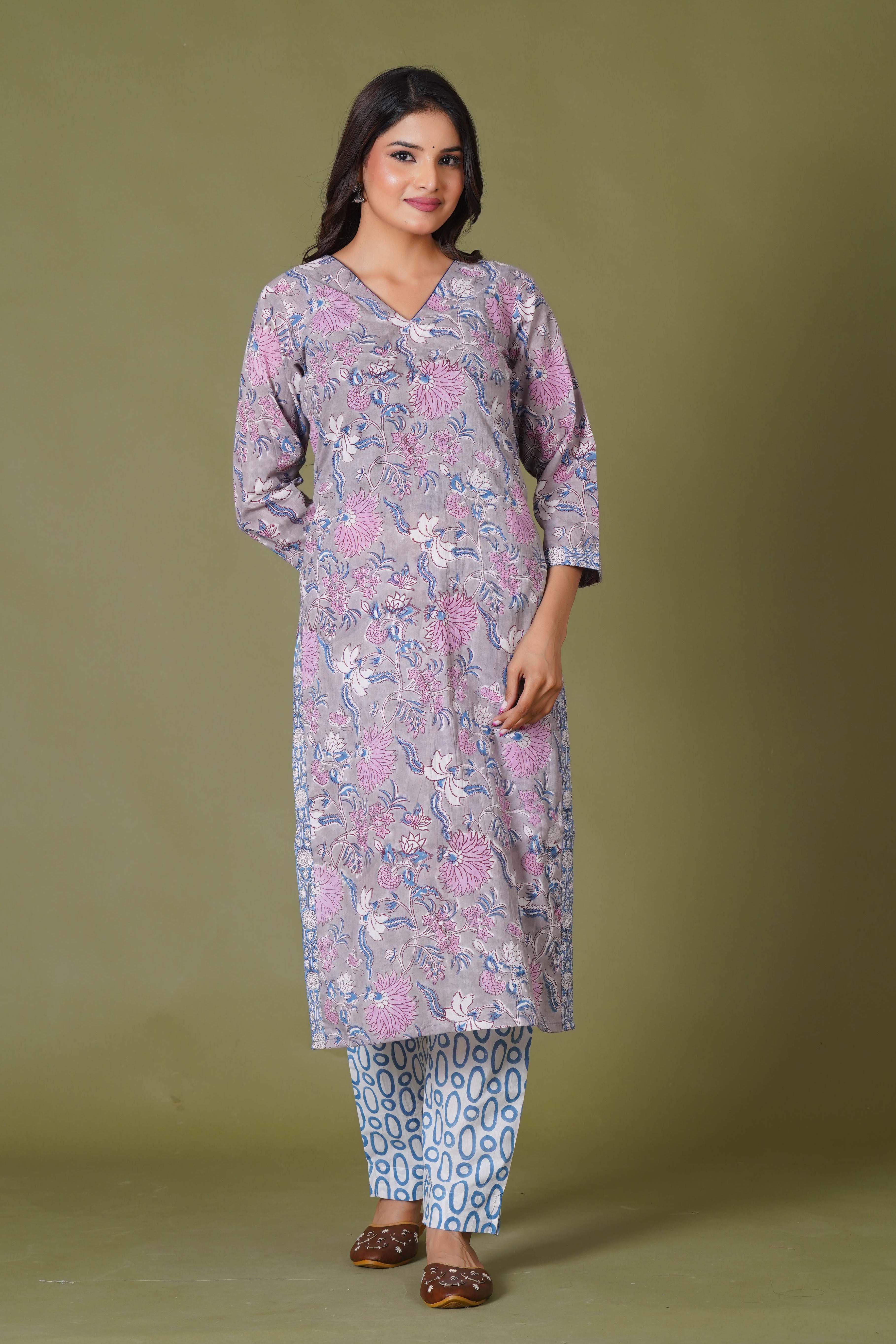 Lilac Mist Floral Handblock Cotton Suit Set
