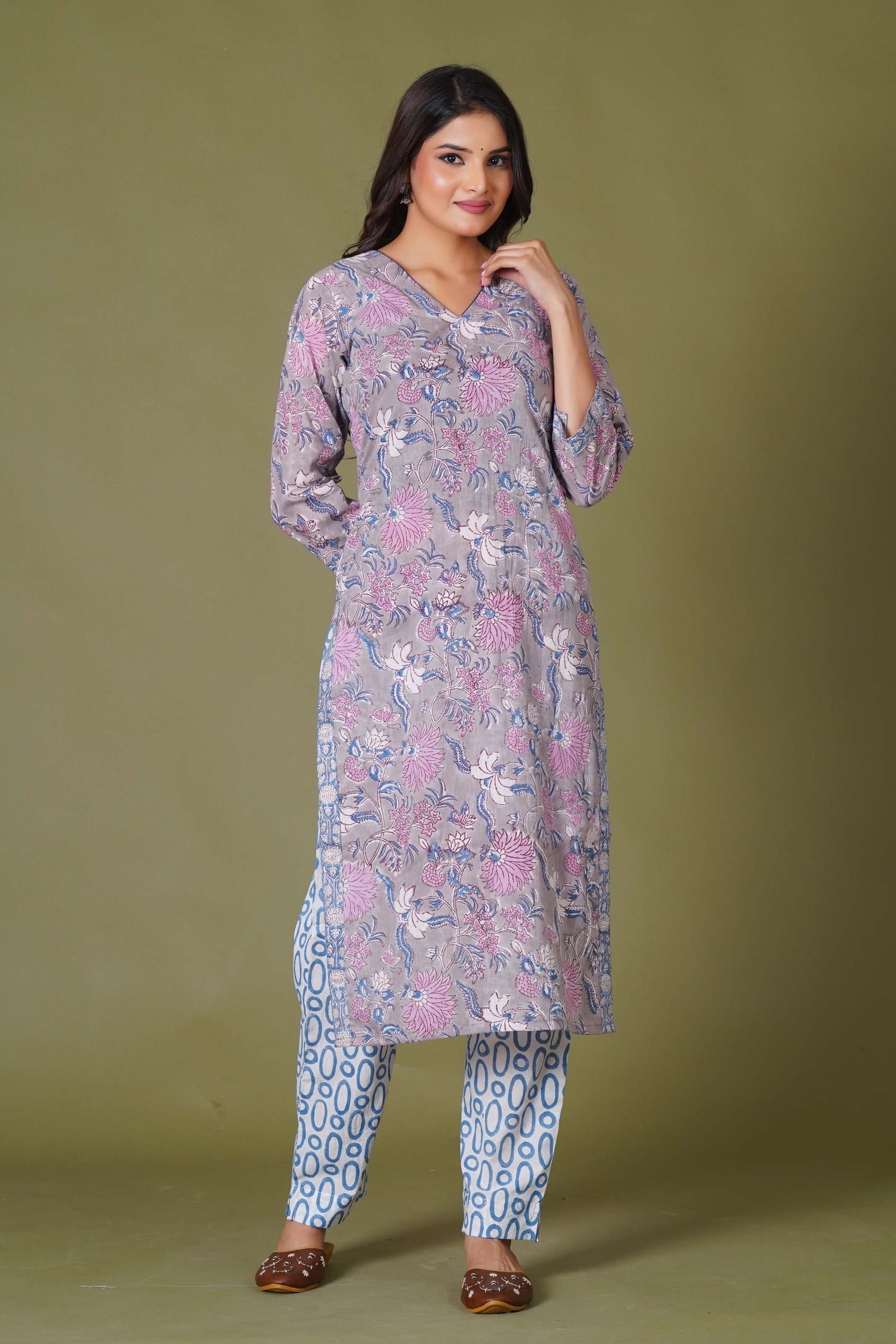 Lilac Mist Floral Handblock Cotton Suit Set