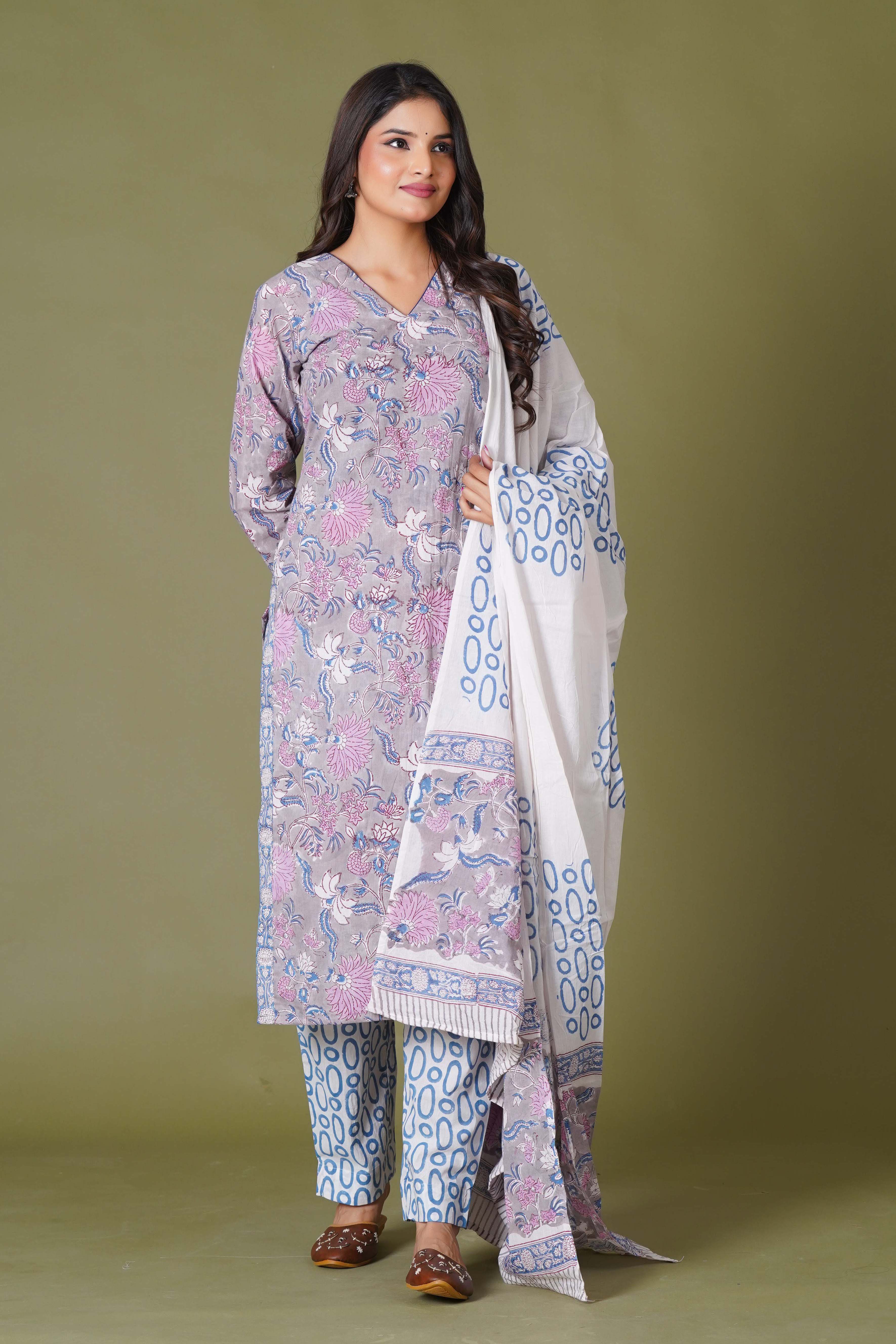 Lilac Mist Floral Handblock Cotton Suit Set