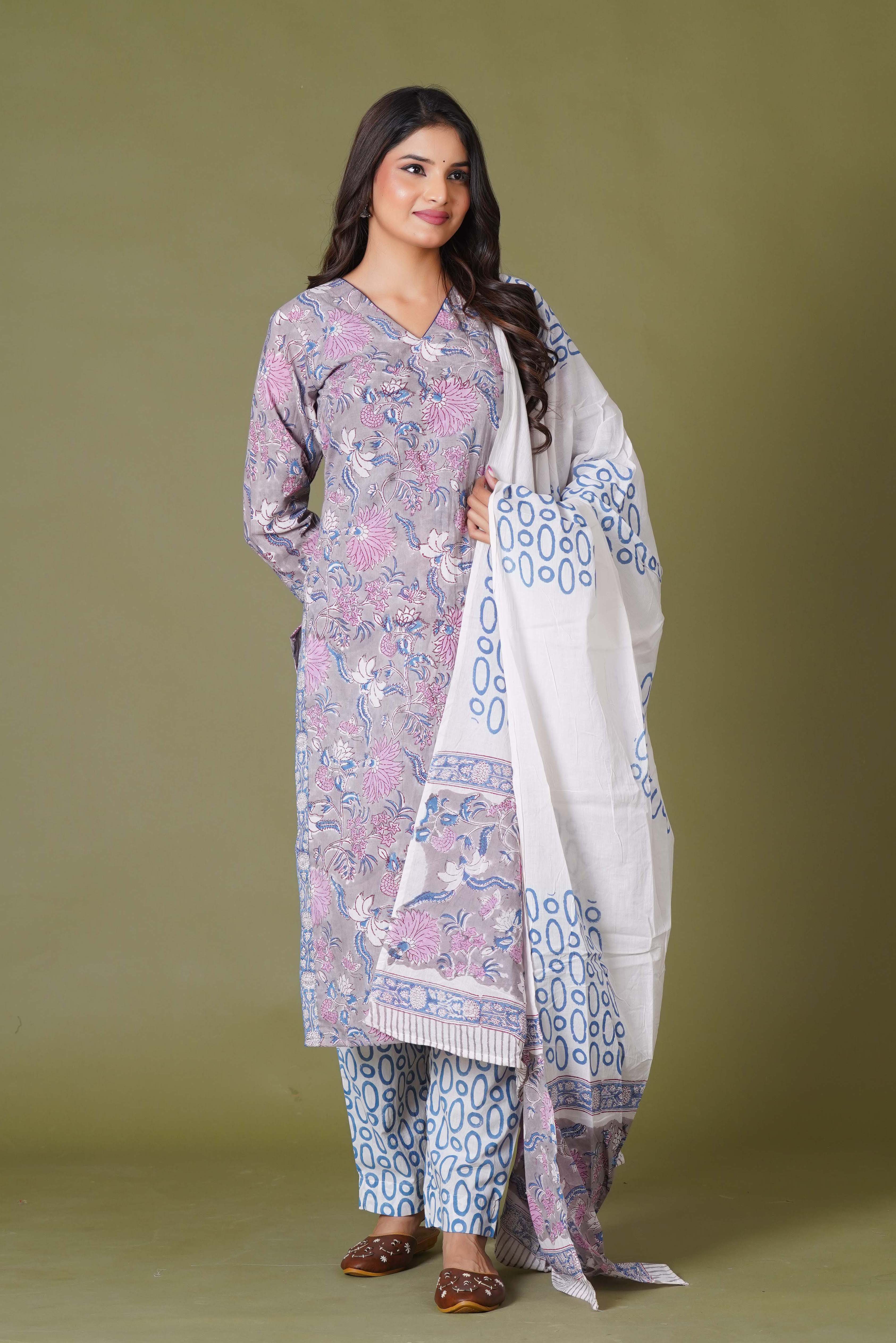 Lilac Mist Floral Handblock Cotton Suit Set
