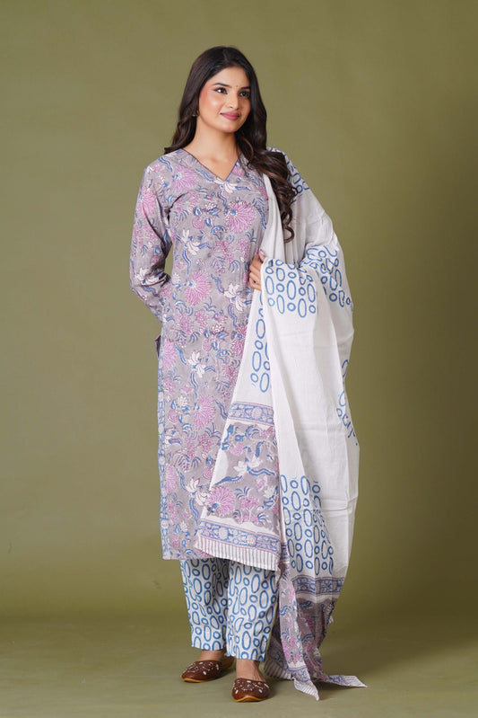 Lilac Mist Floral Handblock Cotton Suit Set