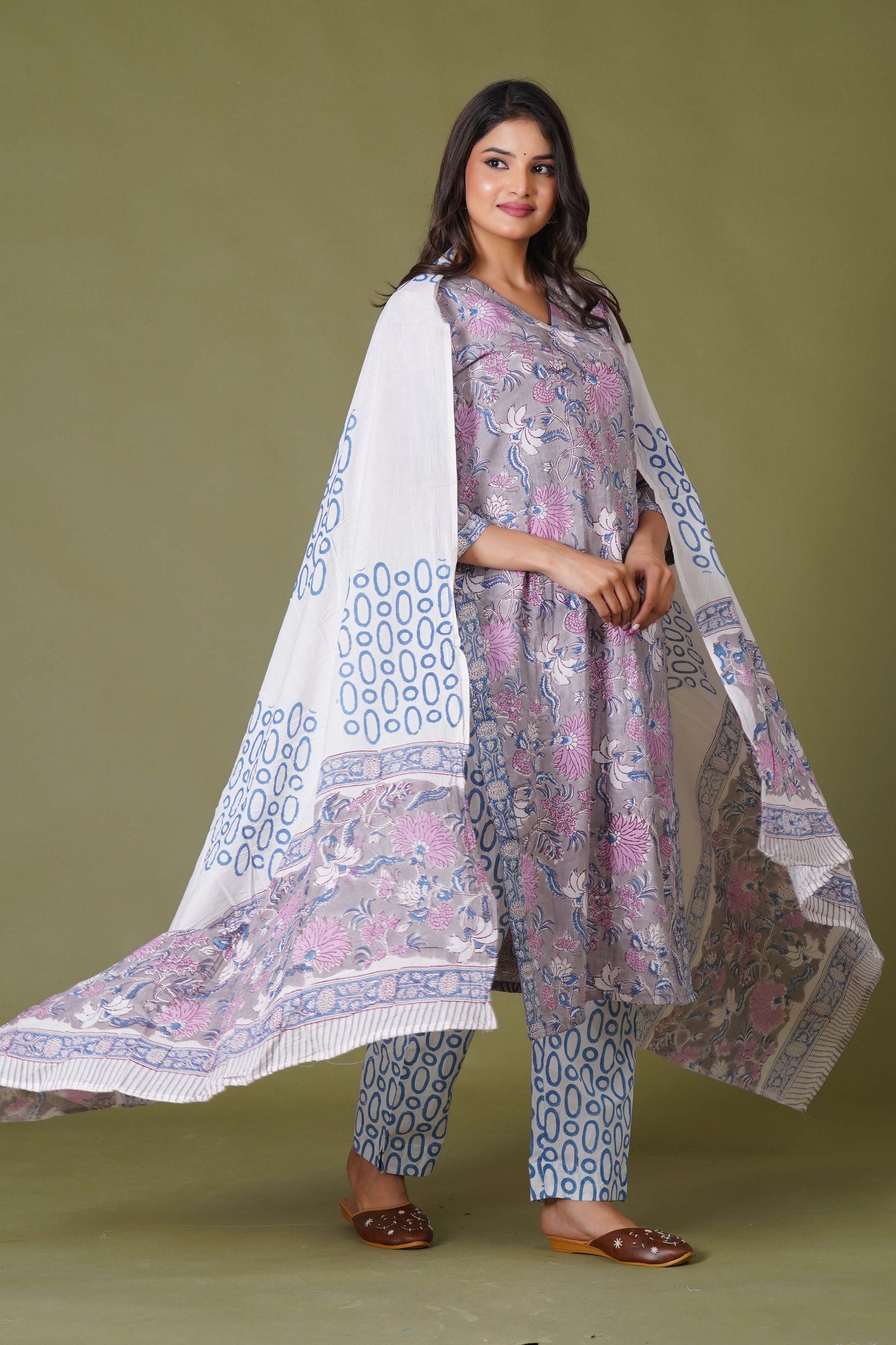 Lilac Mist Floral Handblock Cotton Suit Set