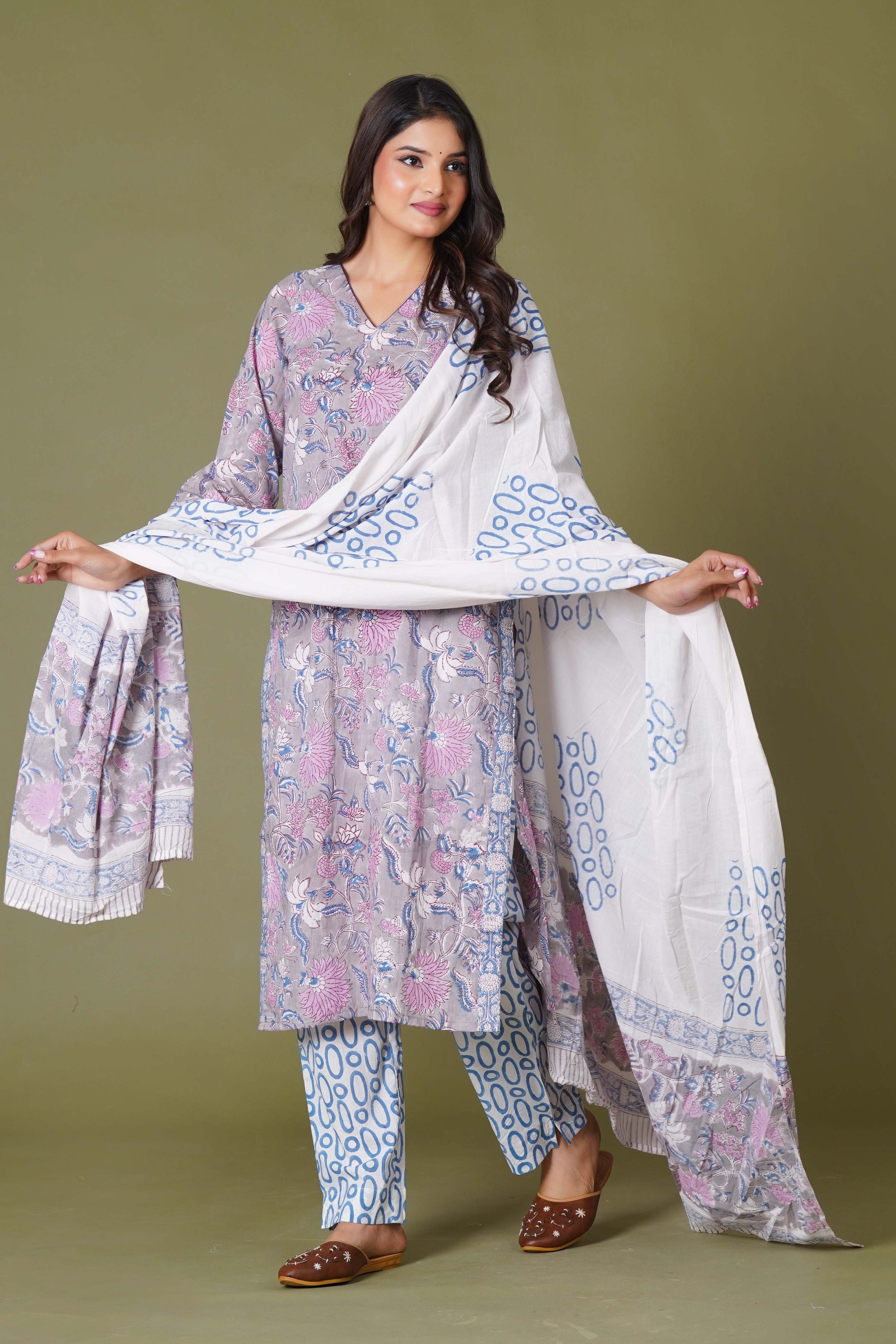 Lilac Mist Floral Handblock Cotton Suit Set