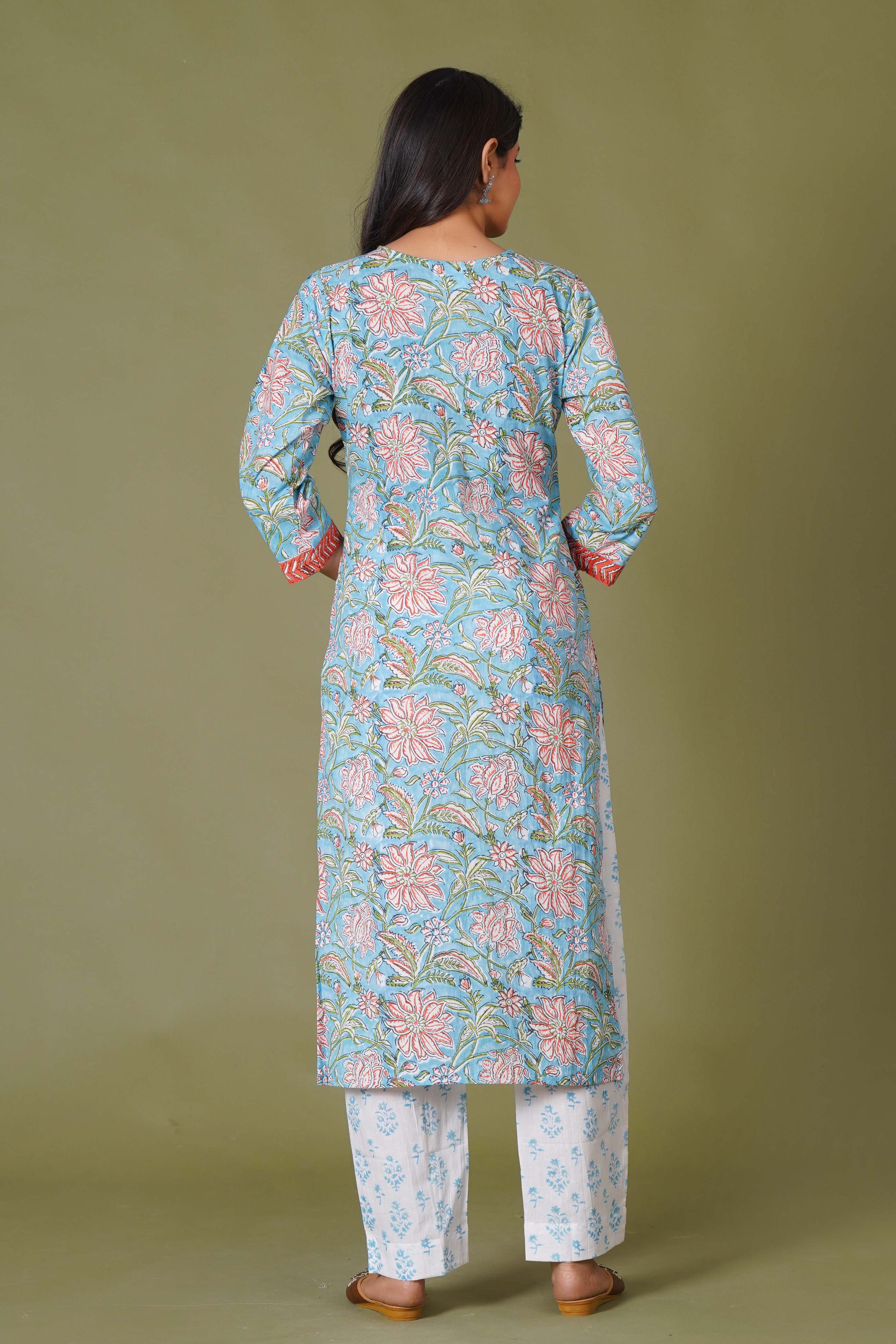 Azure Floral Block Print Cotton Suit Set