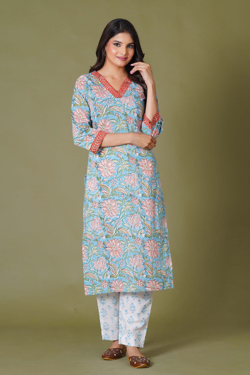 Azure Floral Block Print Cotton Suit Set