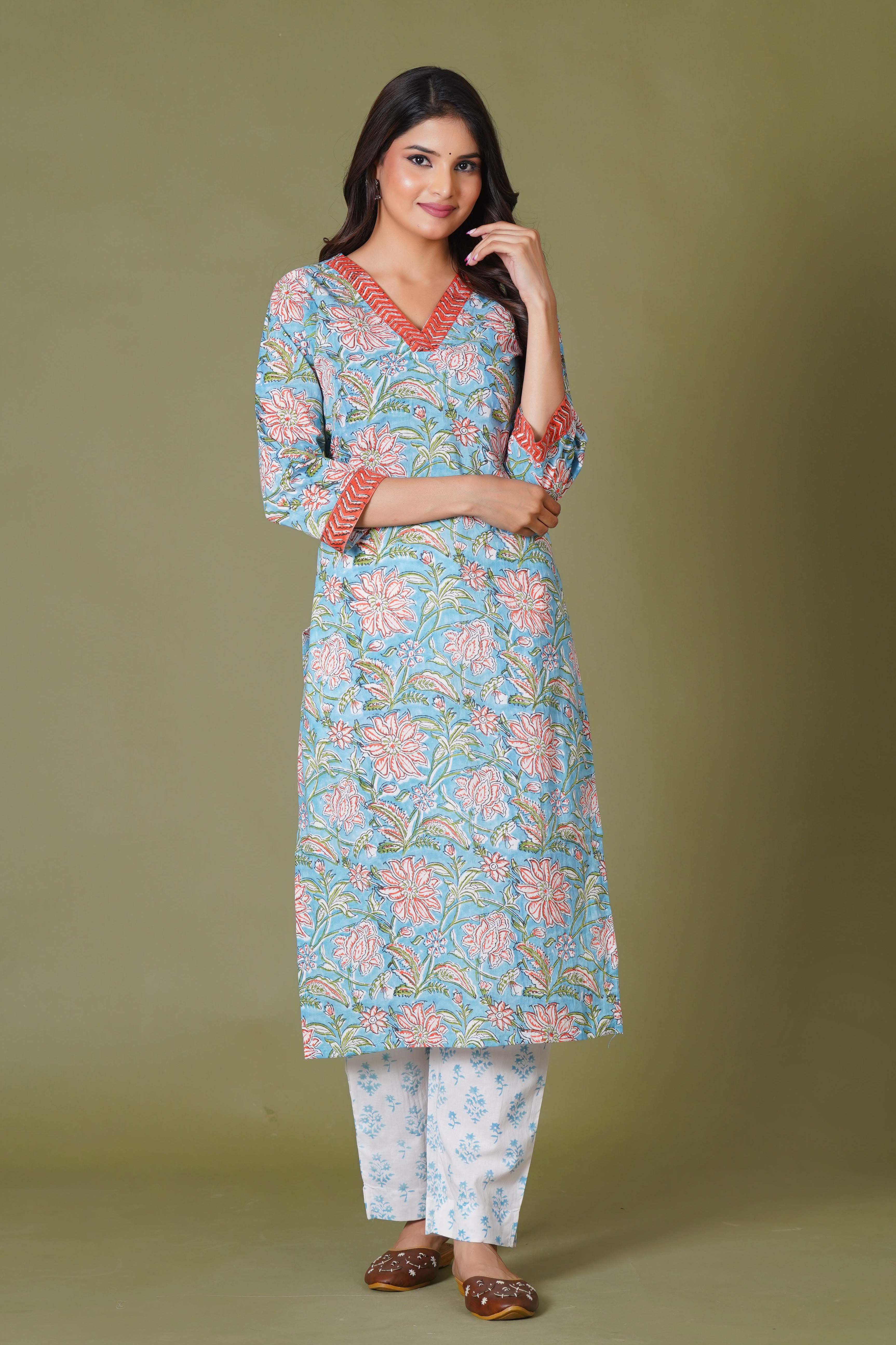 Azure Floral Block Print Cotton Suit Set