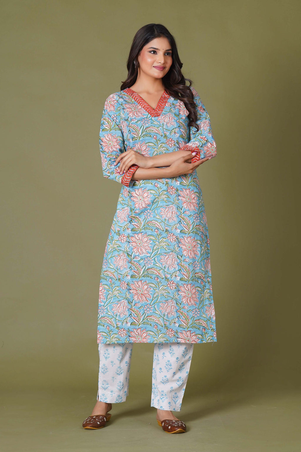 Azure Floral Block Print Cotton Suit Set
