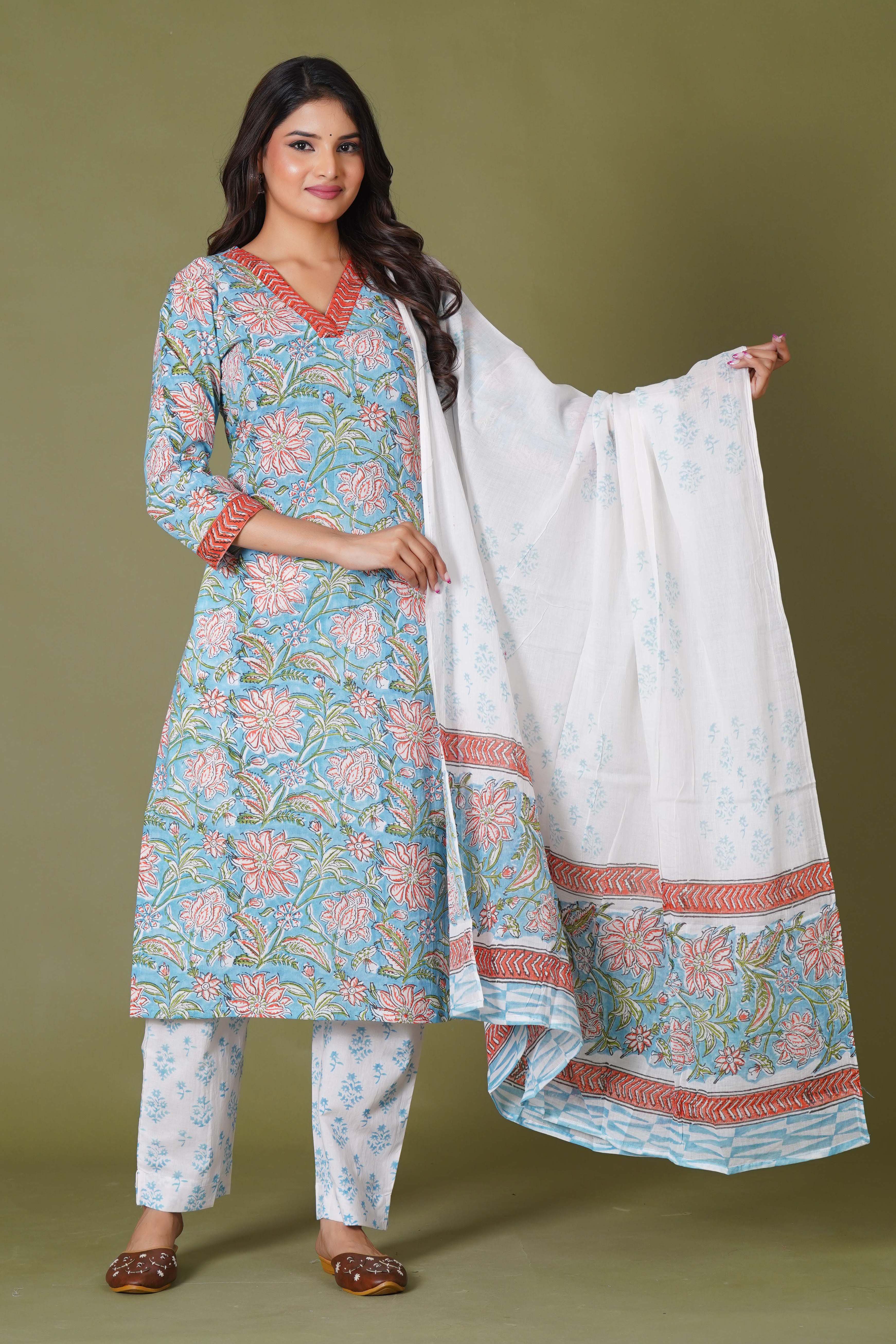 Azure Floral Block Print Cotton Suit Set