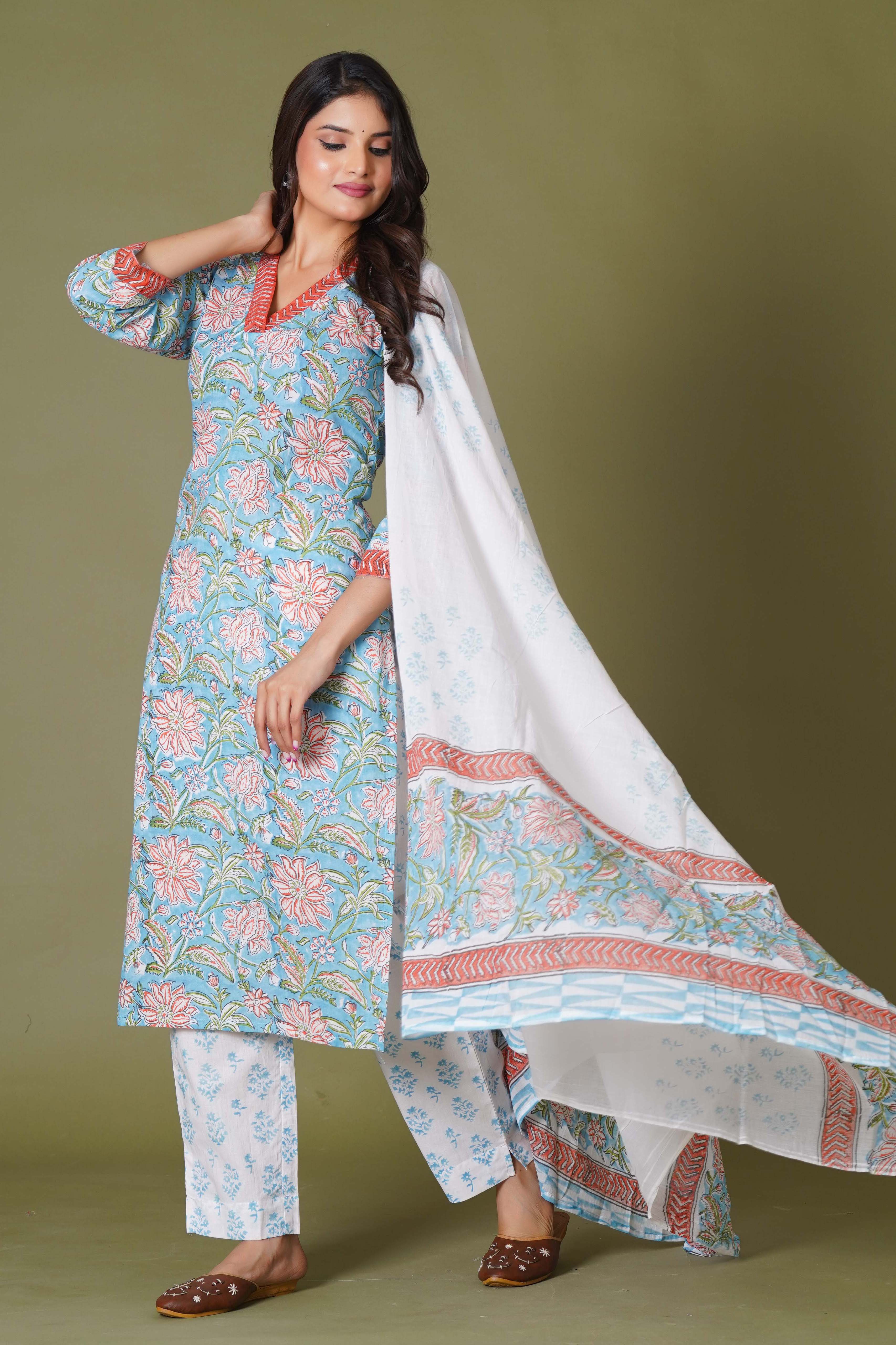 Azure Floral Block Print Cotton Suit Set
