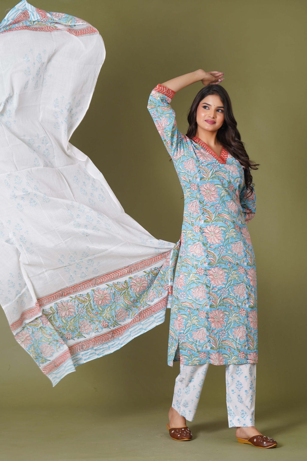 Azure Floral Block Print Cotton Suit Set