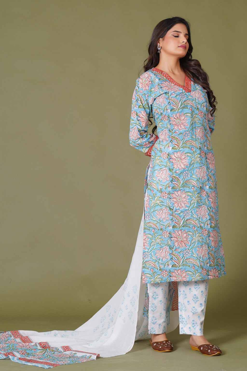 Azure Floral Block Print Cotton Suit Set