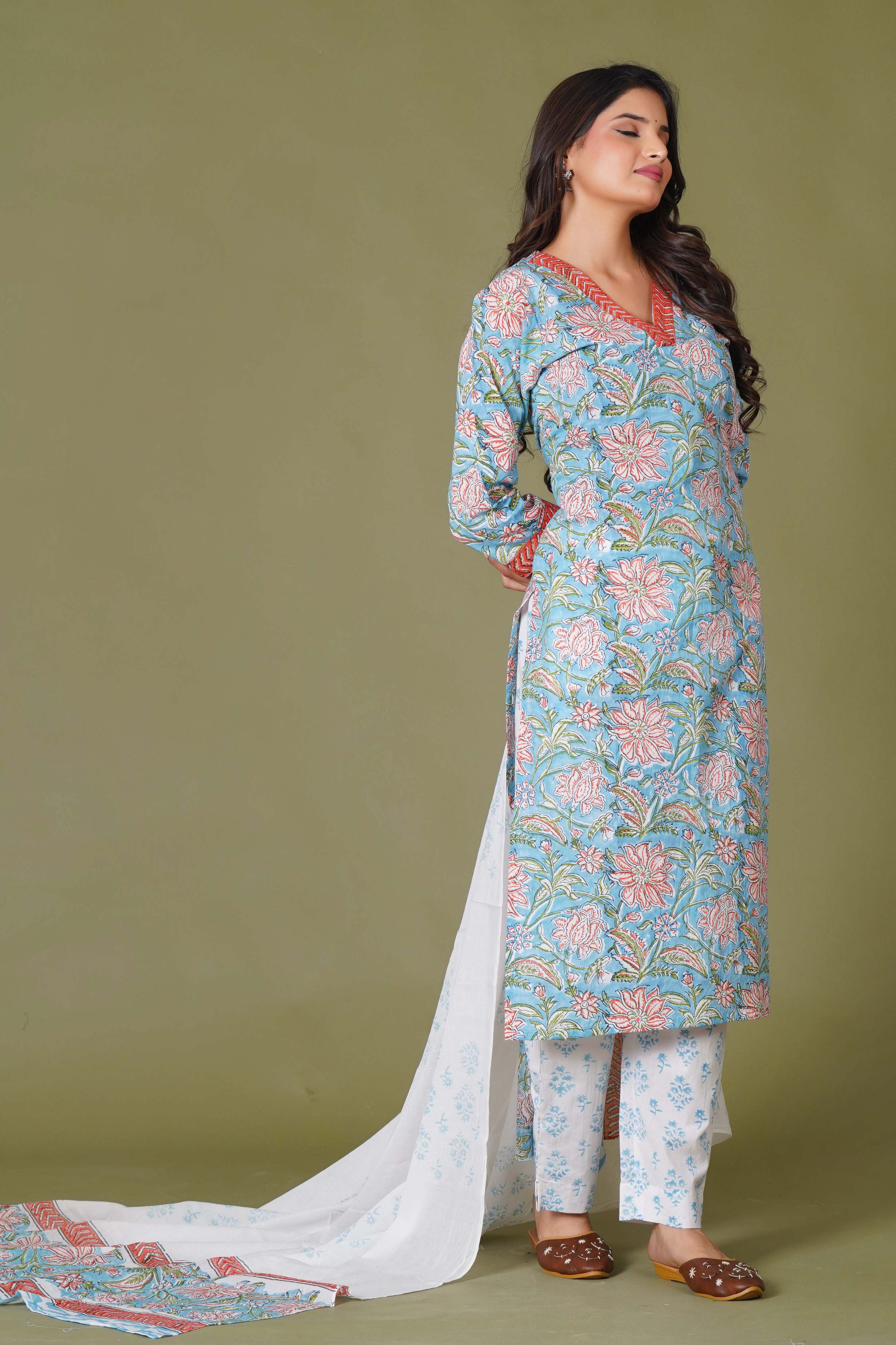 Azure Floral Block Print Cotton Suit Set
