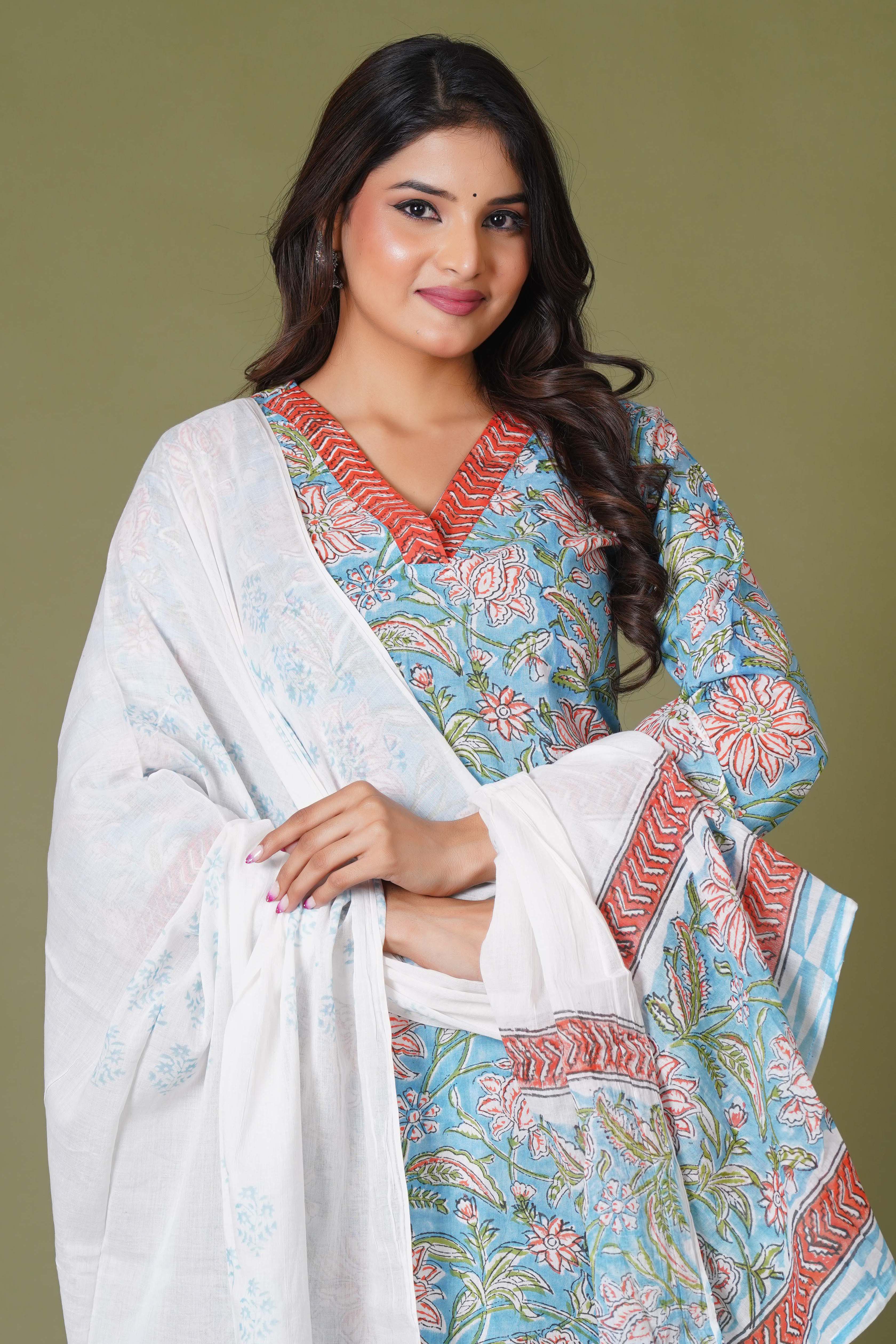 Azure Floral Block Print Cotton Suit Set