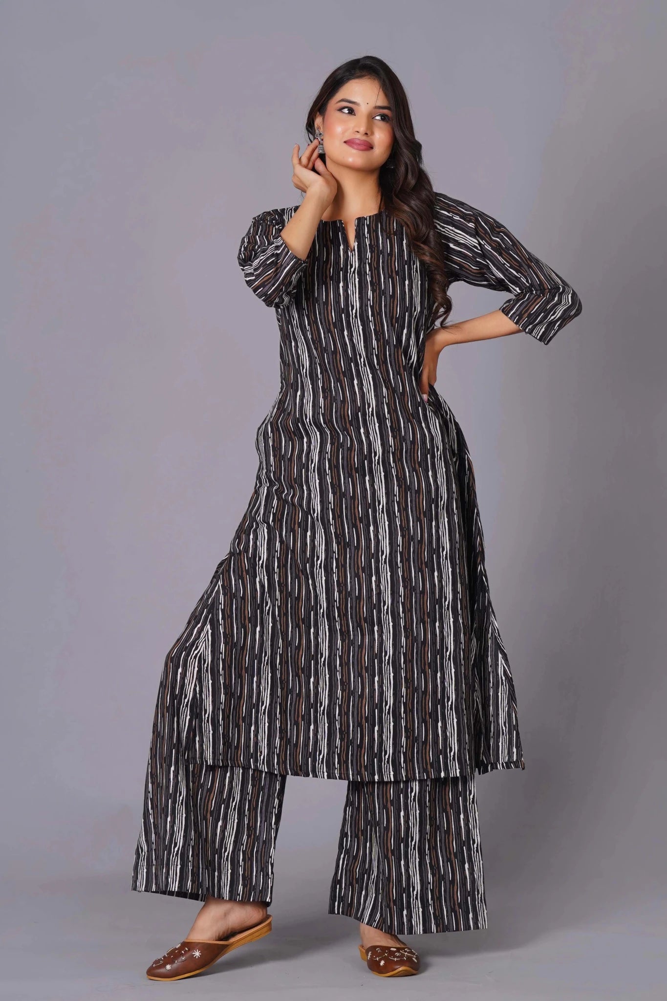A-Line Charcoal Stripe Handblock Cotton Kurta Set - Himdim Wear