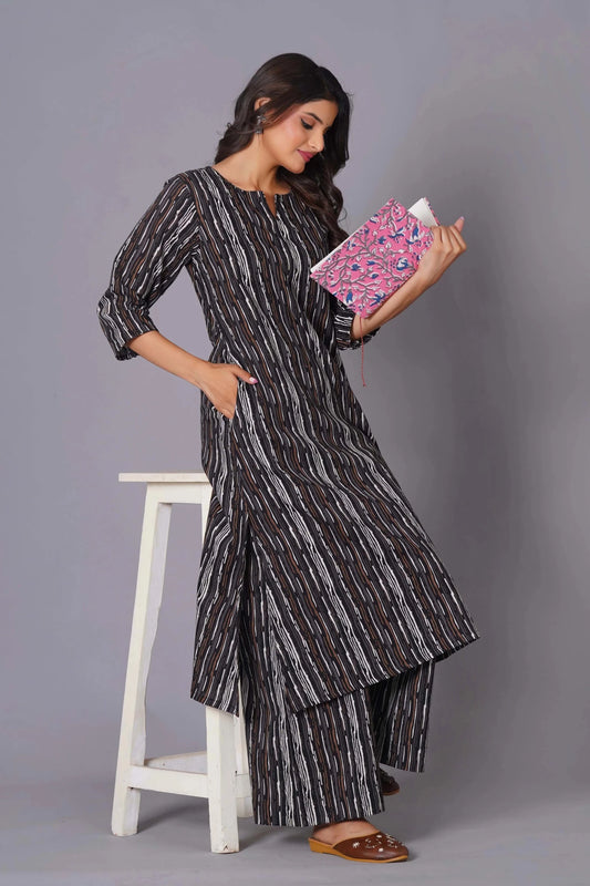 A-Line Charcoal Stripe Handblock Cotton Kurta Set - Himdim Wear