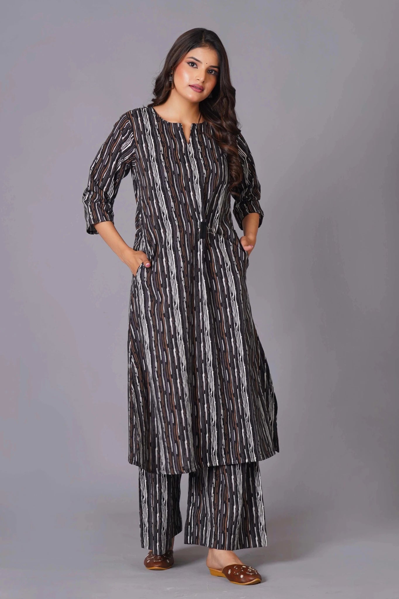 A-Line Charcoal Stripe Handblock Cotton Kurta Set - Himdim Wear