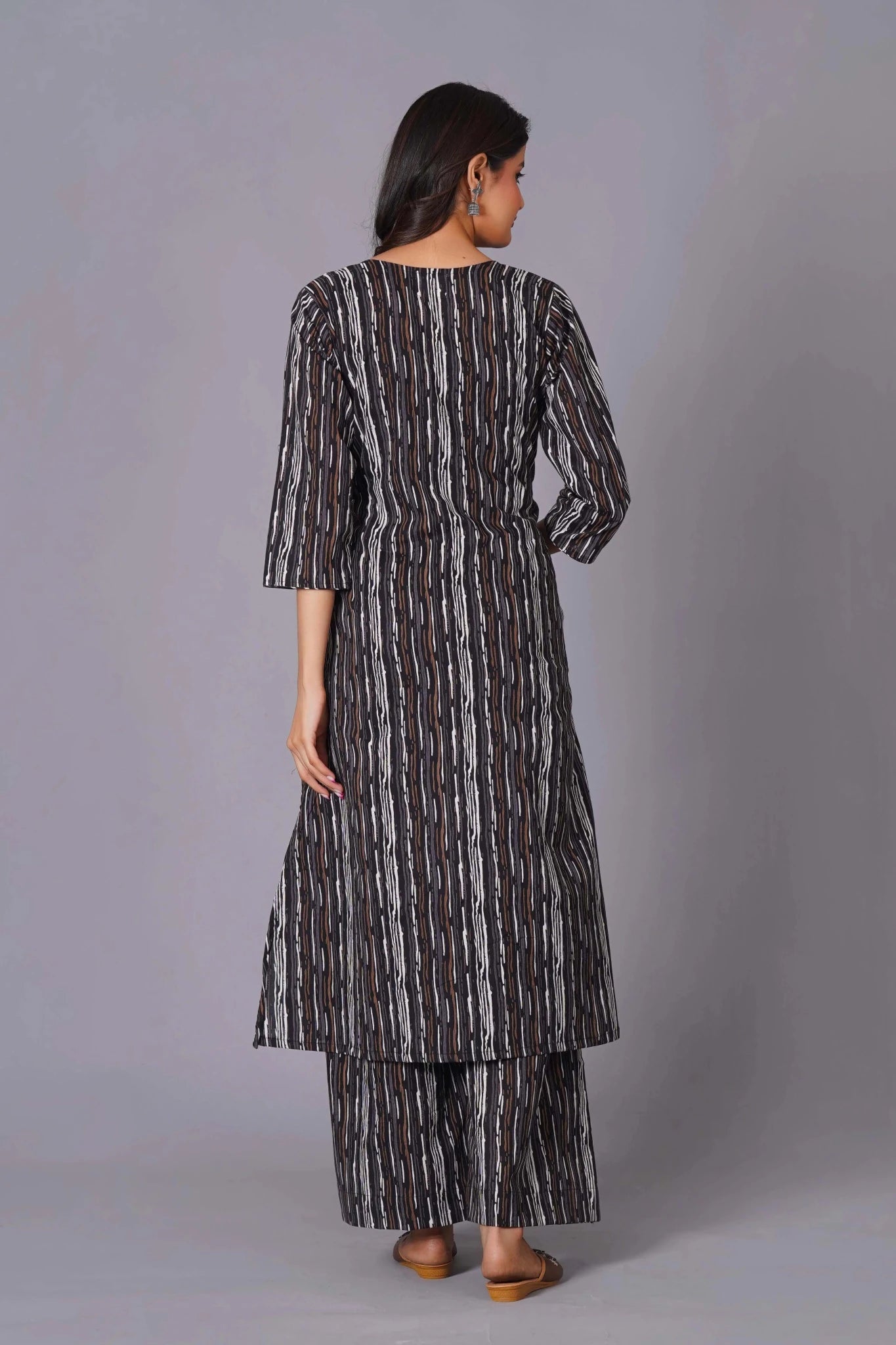 A-Line Charcoal Stripe Handblock Cotton Kurta Set - Himdim Wear