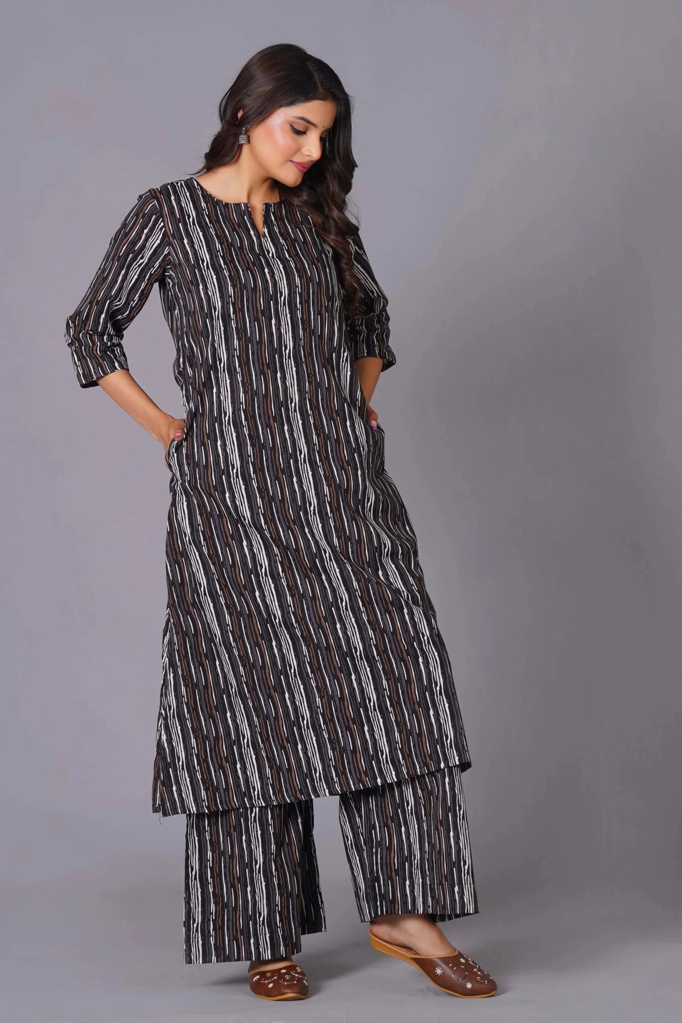 A-Line Charcoal Stripe Handblock Cotton Kurta Set - Himdim Wear
