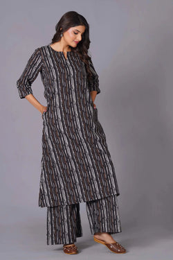 A-Line Charcoal Stripe Handblock Cotton Kurta Set - Himdim Wear