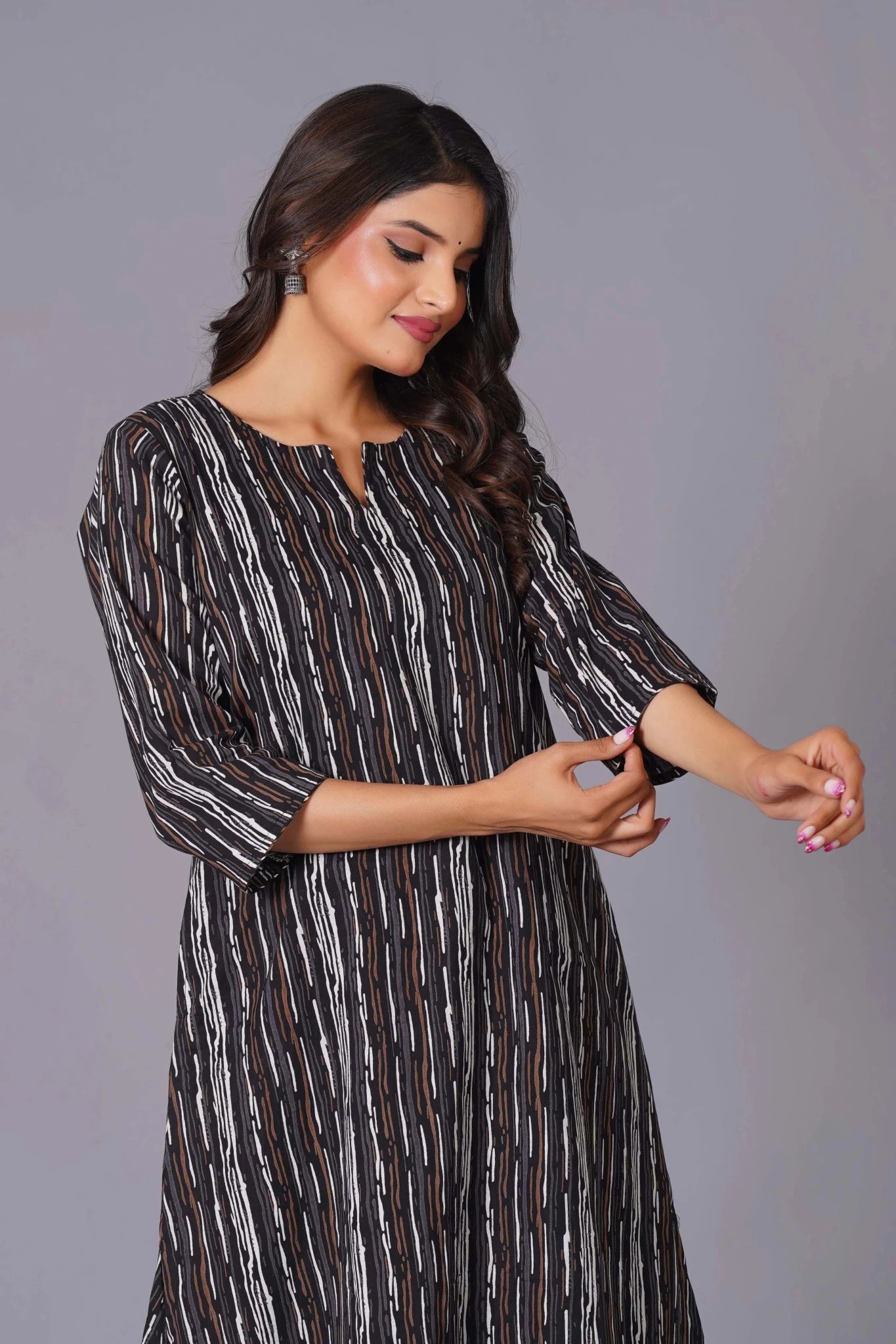 A-Line Charcoal Stripe Handblock Cotton Kurta Set - Himdim Wear