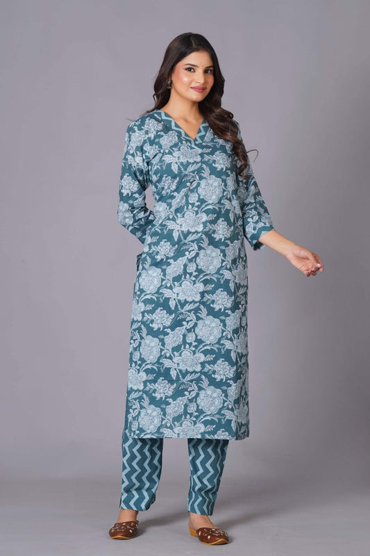 Aqua Grace Handblock Cotton Suit Set - Himdim Wear