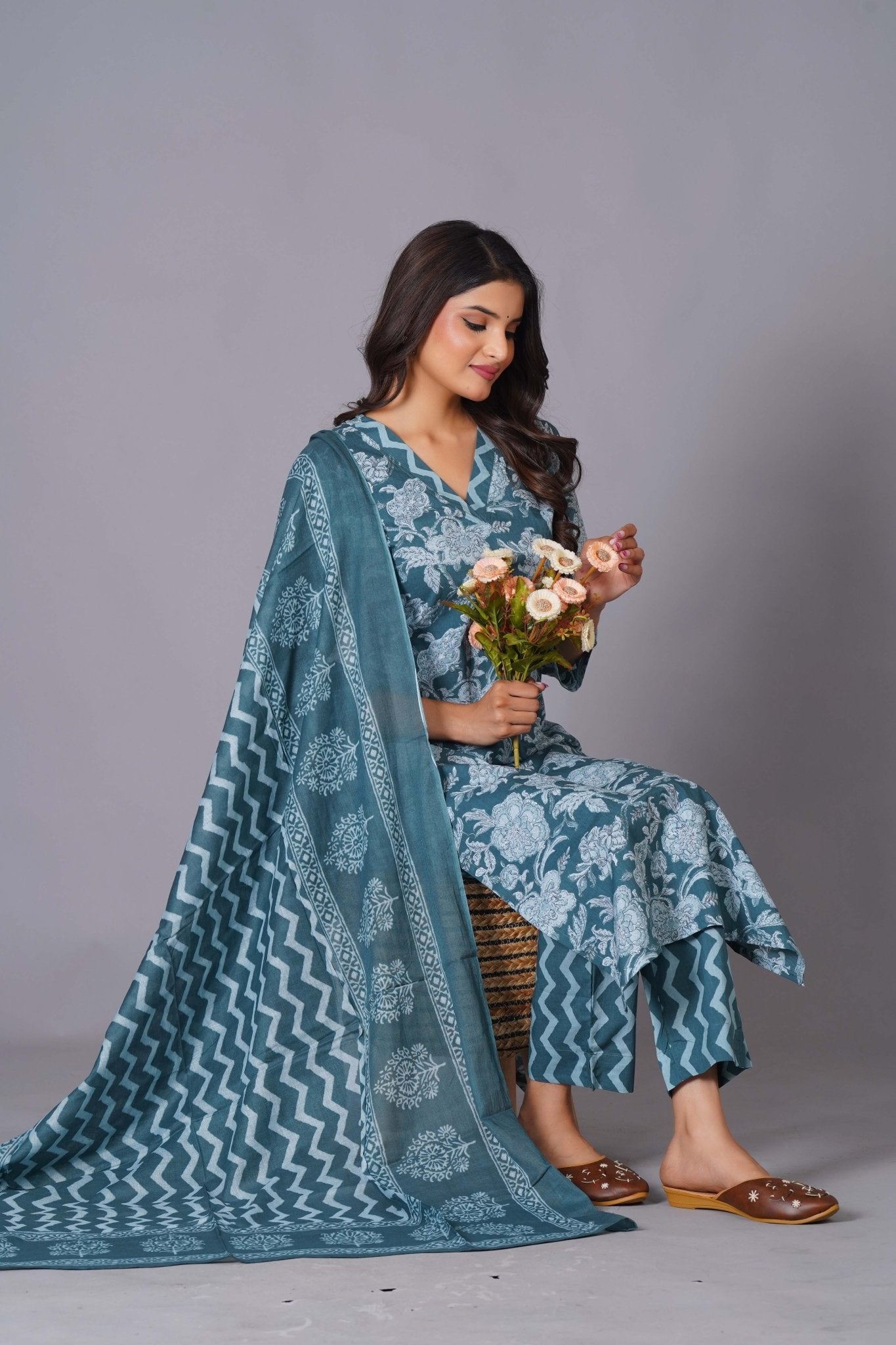 Aqua Grace Handblock Cotton Suit Set - Himdim Wear