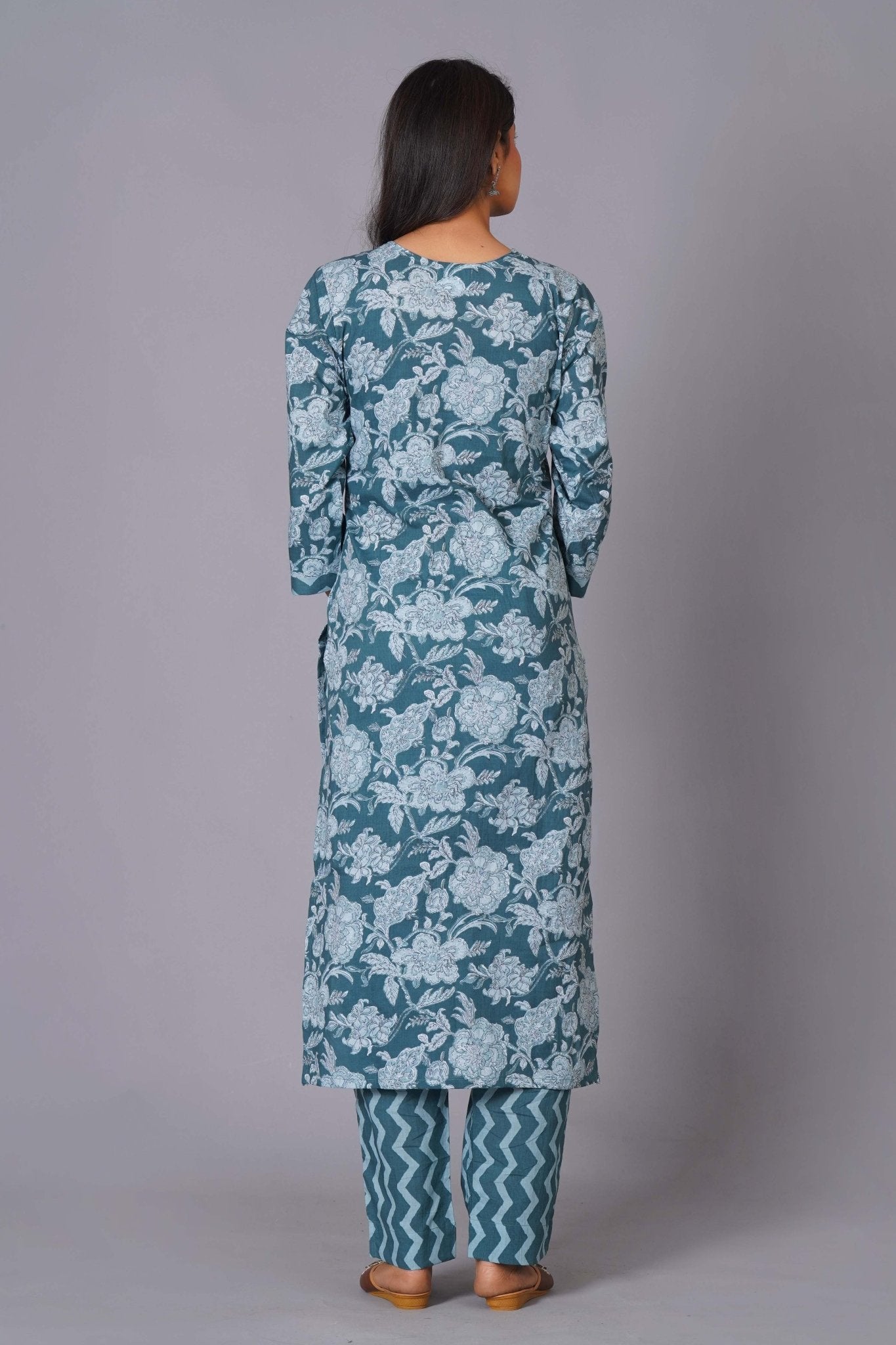 Aqua Grace Handblock Cotton Suit Set - Himdim Wear