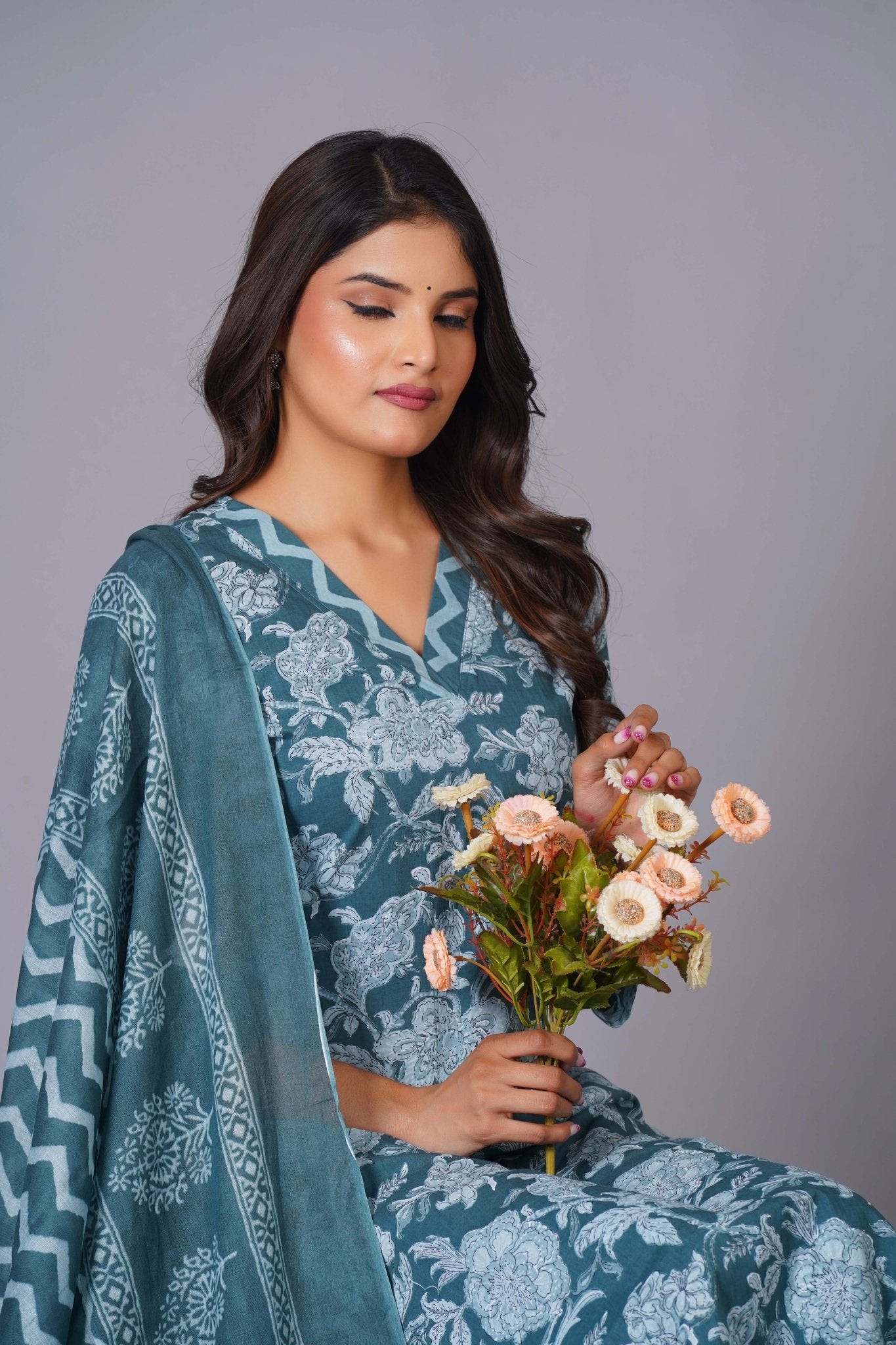 Aqua Grace Handblock Cotton Suit Set - Himdim Wear