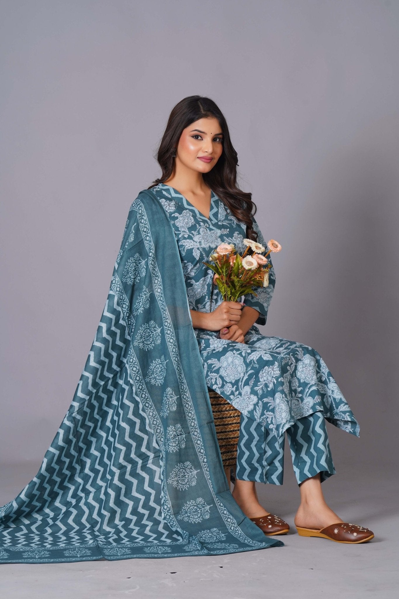 Aqua Grace Handblock Cotton Suit Set - Himdim Wear
