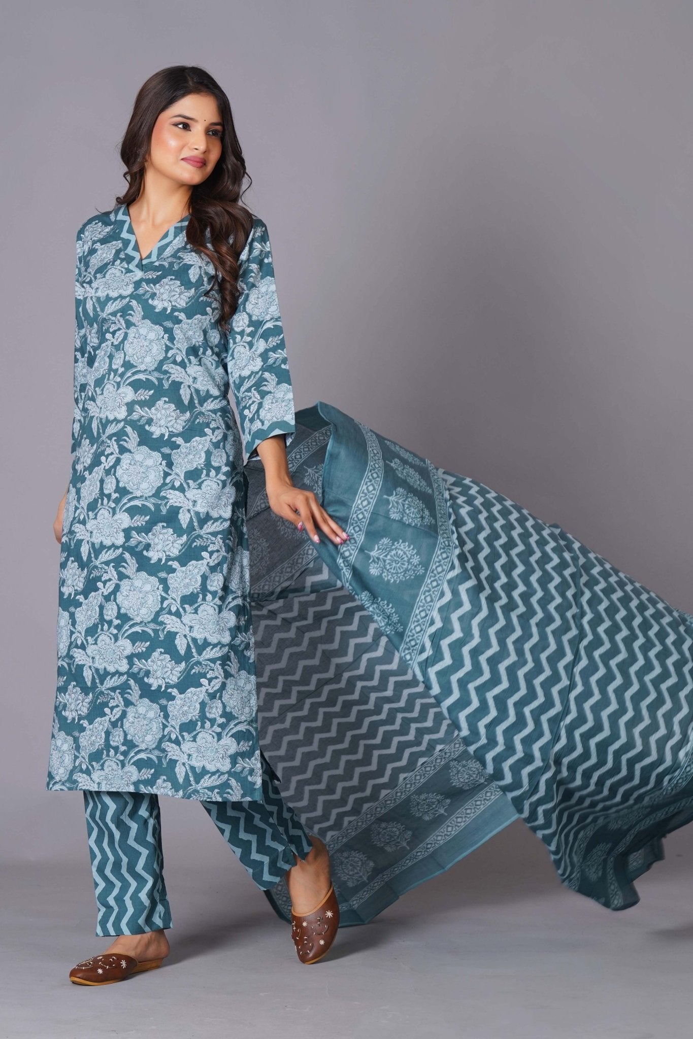 Aqua Grace Handblock Cotton Suit Set - Himdim Wear