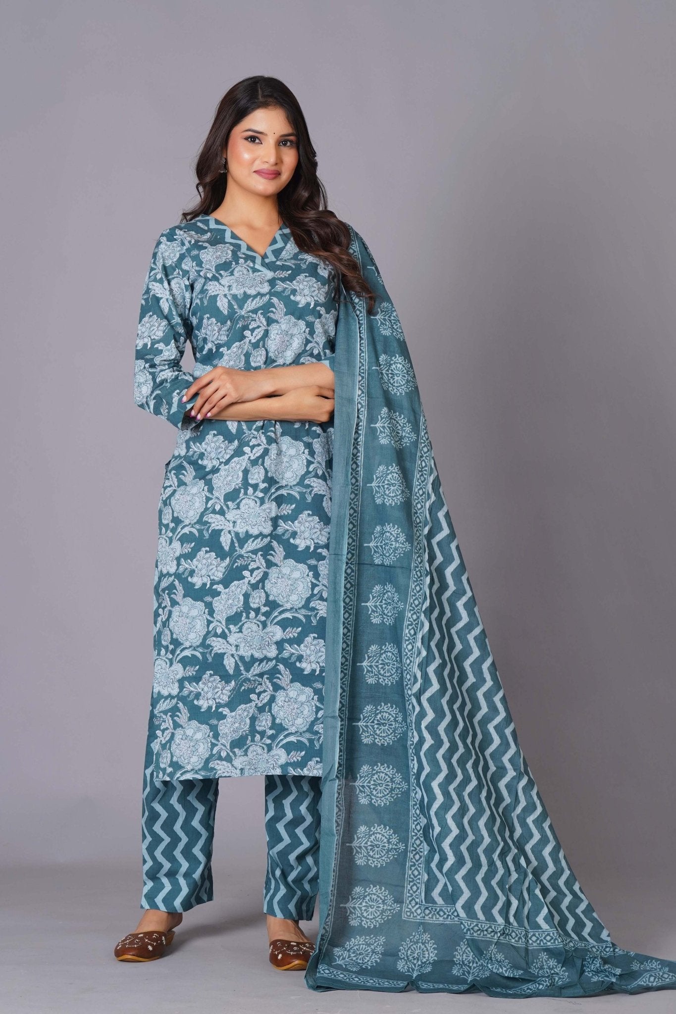 Aqua Grace Handblock Cotton Suit Set - Himdim Wear