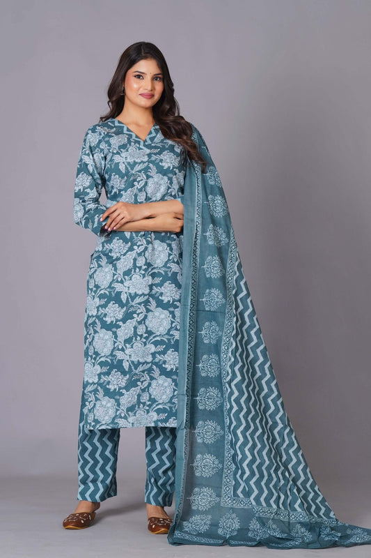 Aqua Grace Handblock Cotton Suit Set - Himdim Wear