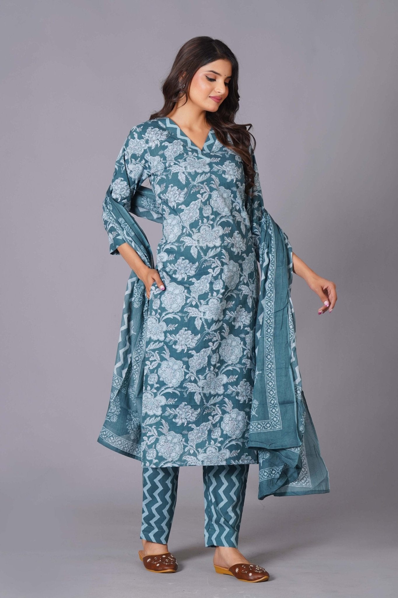 Aqua Grace Handblock Cotton Suit Set - Himdim Wear