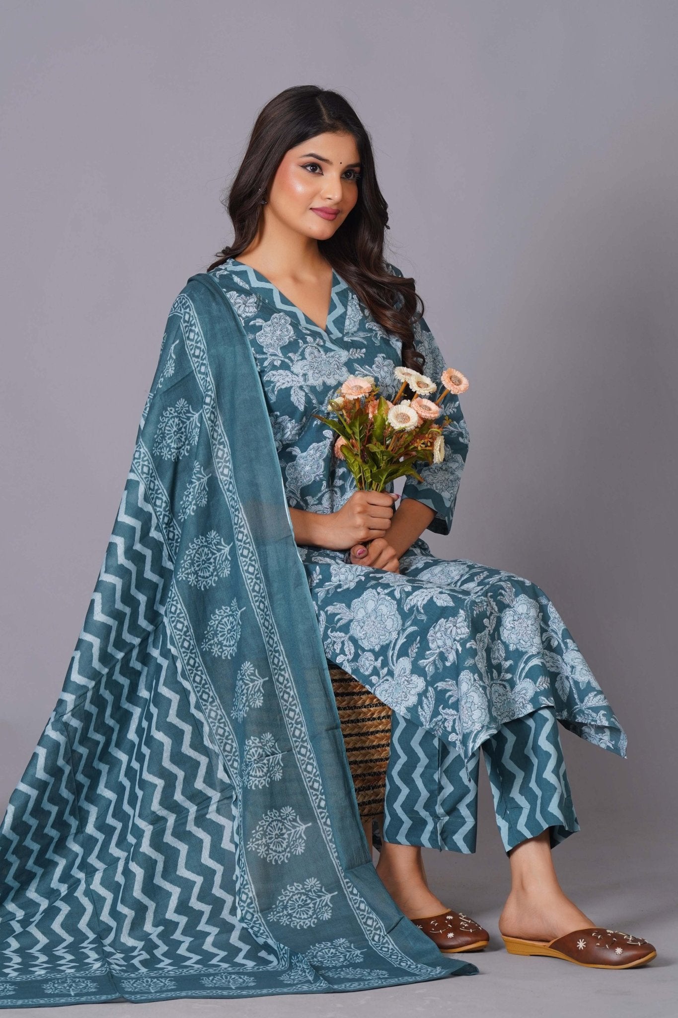 Aqua Grace Handblock Cotton Suit Set - Himdim Wear