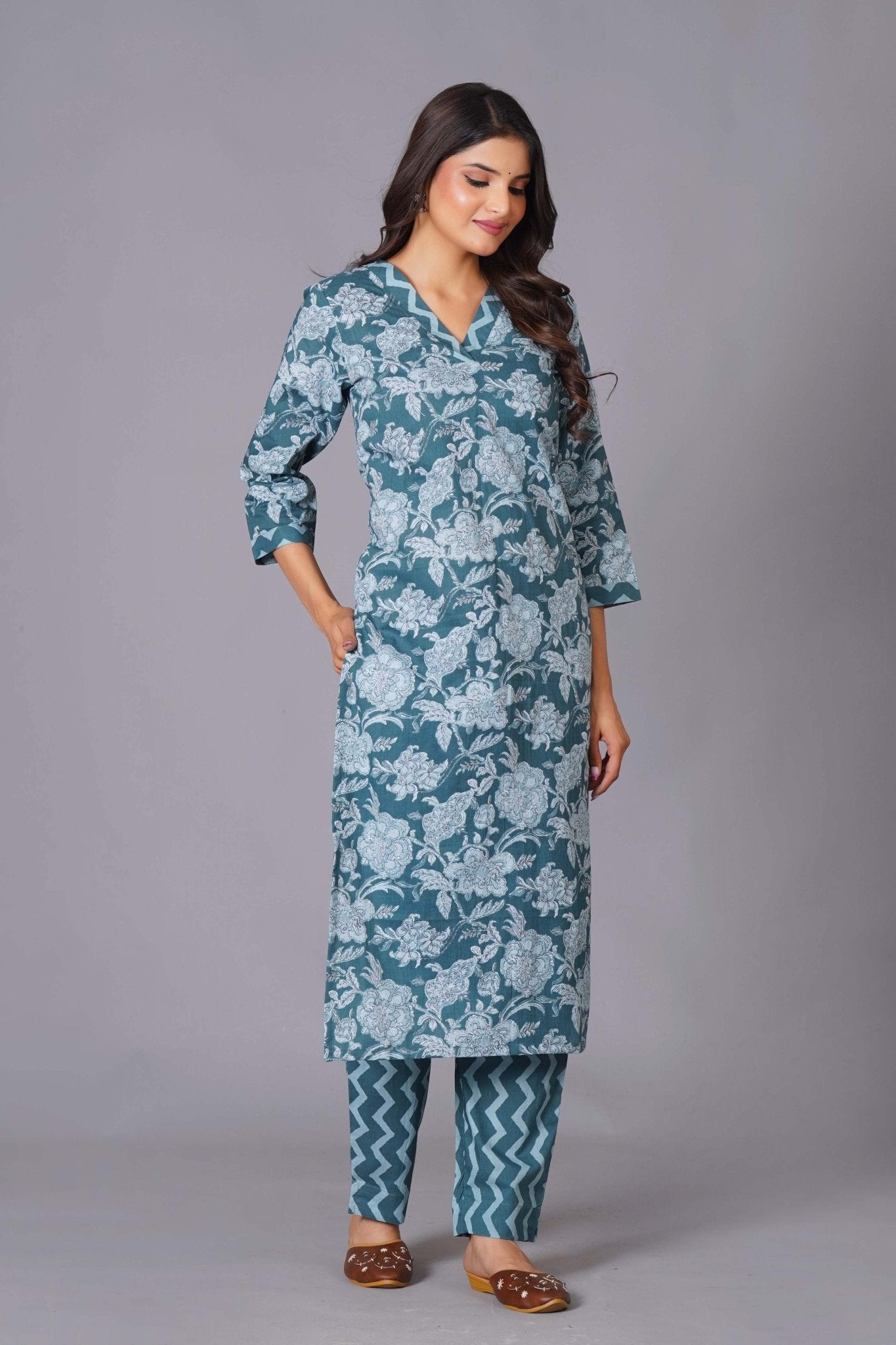 Aqua Grace Handblock Cotton Suit Set - Himdim Wear