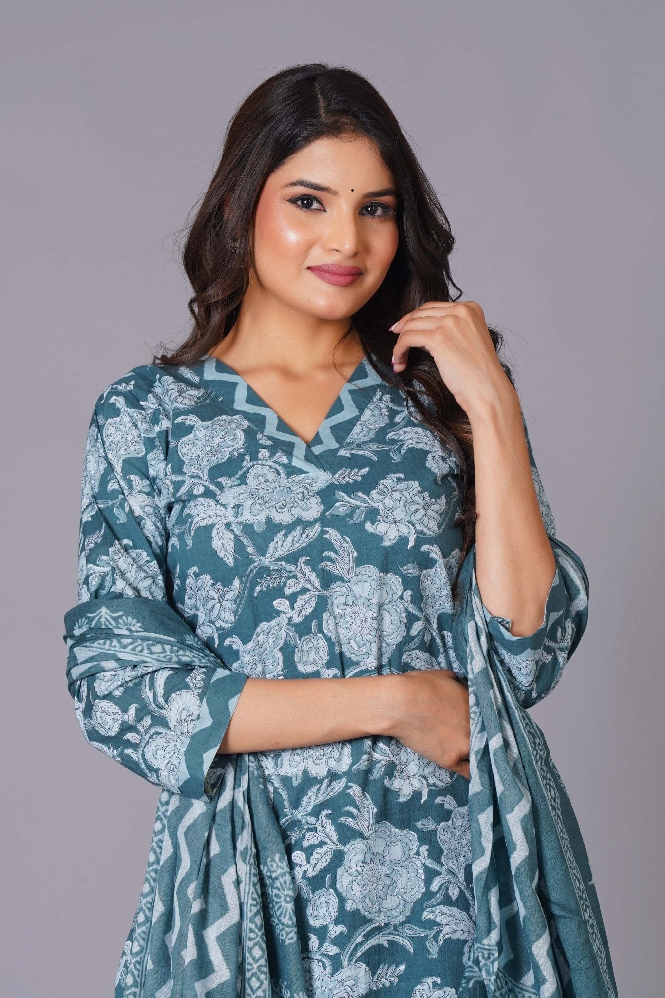 Aqua Grace Handblock Cotton Suit Set - Himdim Wear