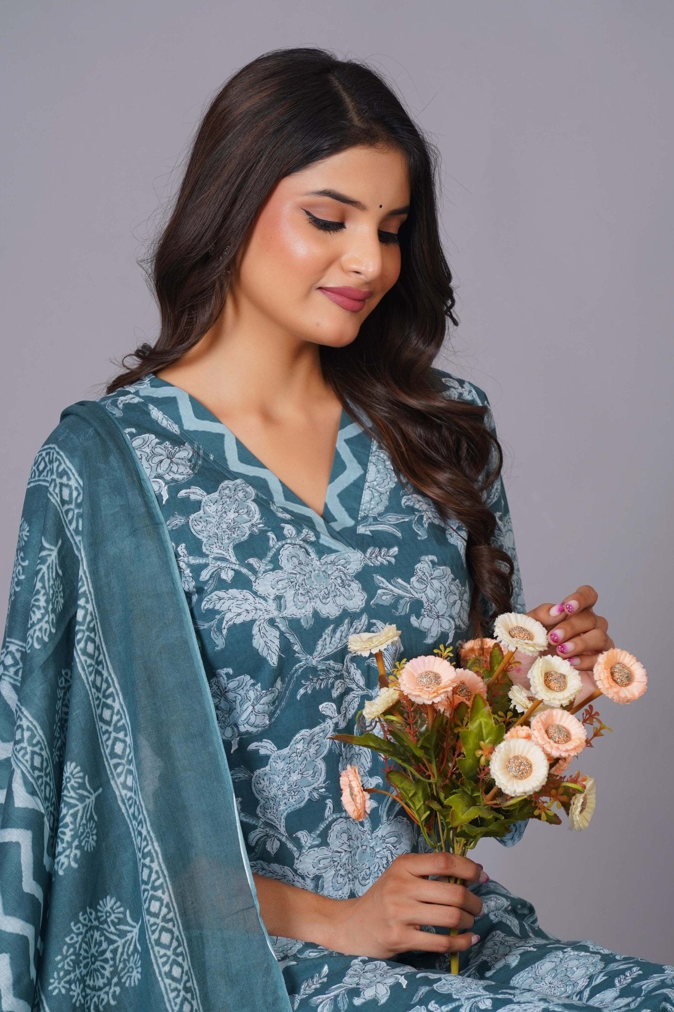 Aqua Grace Handblock Cotton Suit Set - Himdim Wear