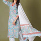 Azure Floral Block Print Cotton Suit Set - Himdim Wear